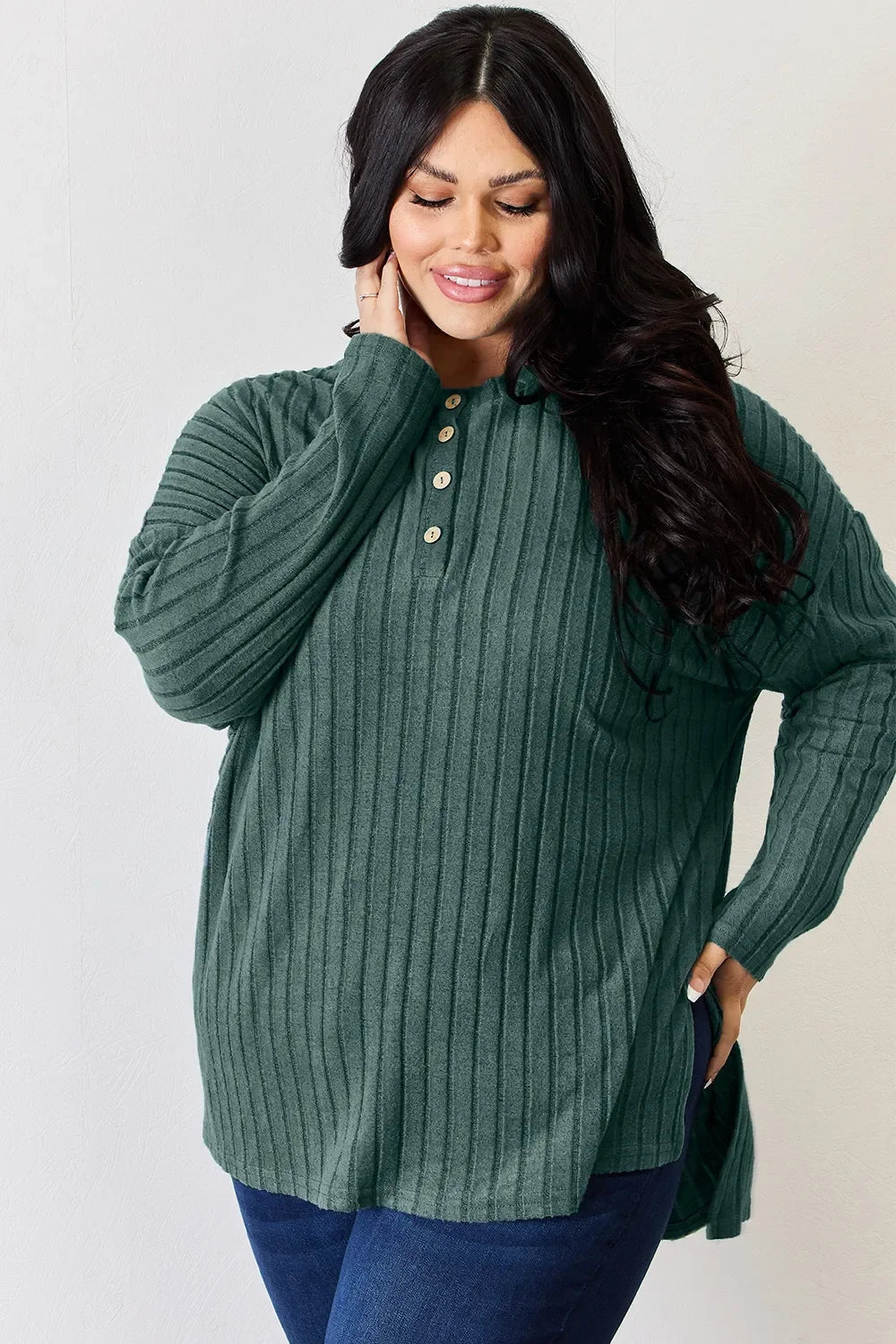 Basic Bae Full Size Ribbed Half Button Long Sleeve High-Low T-Shirt - The Coin Has A Say