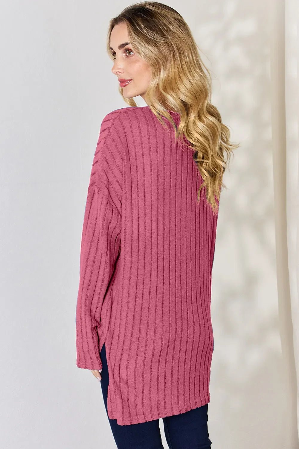 Basic Bae Full Size Ribbed Half Button Long Sleeve High-Low T-Shirt - The Coin Has A Say