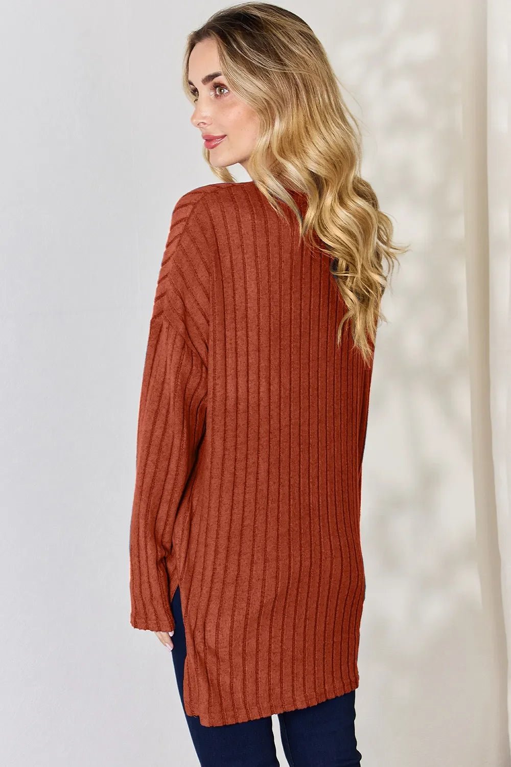 Basic Bae Full Size Ribbed Half Button Long Sleeve High-Low T-Shirt - The Coin Has A Say