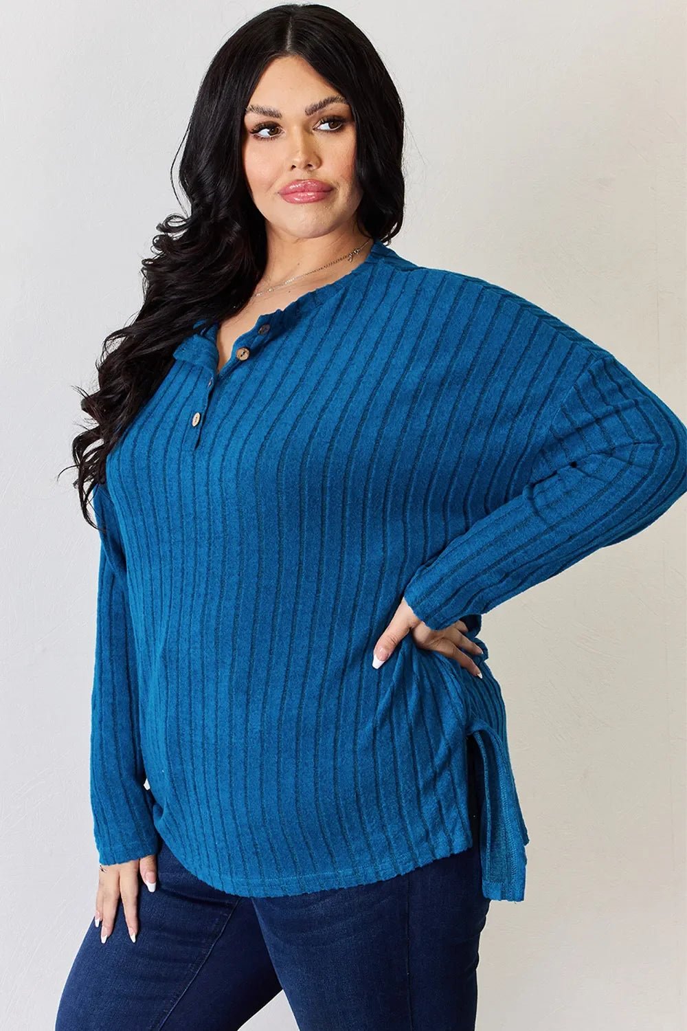 Basic Bae Full Size Ribbed Half Button Long Sleeve High-Low T-Shirt - The Coin Has A Say