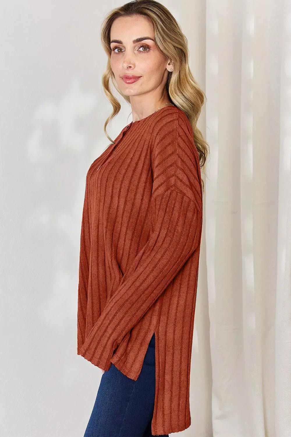 Basic Bae Full Size Ribbed Half Button Long Sleeve High-Low T-Shirt - The Coin Has A Say