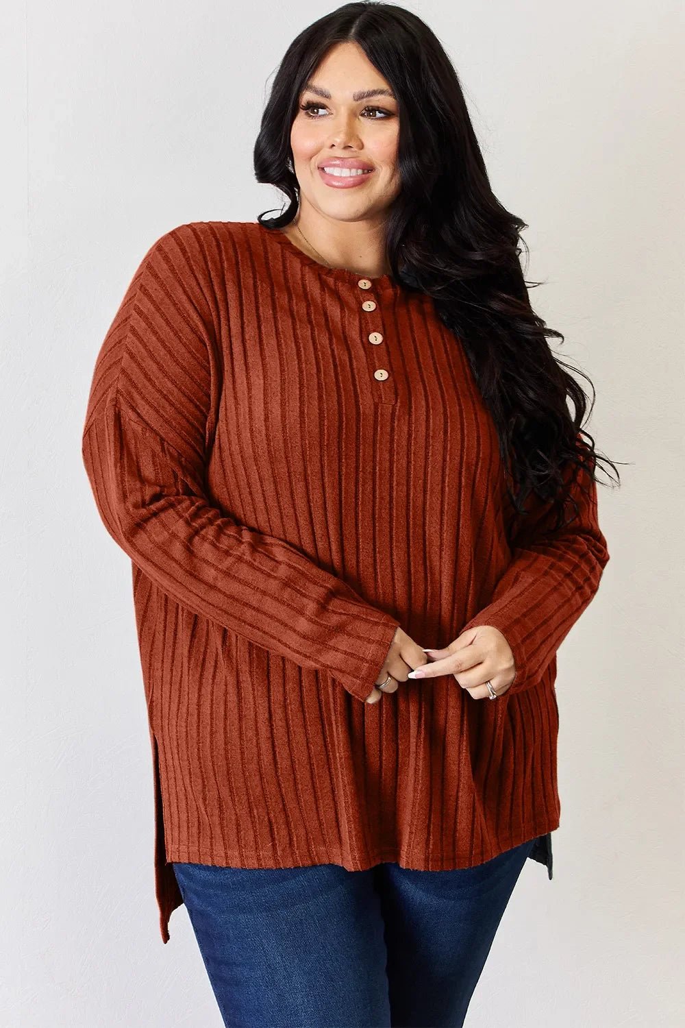 Basic Bae Full Size Ribbed Half Button Long Sleeve High-Low T-Shirt - The Coin Has A Say