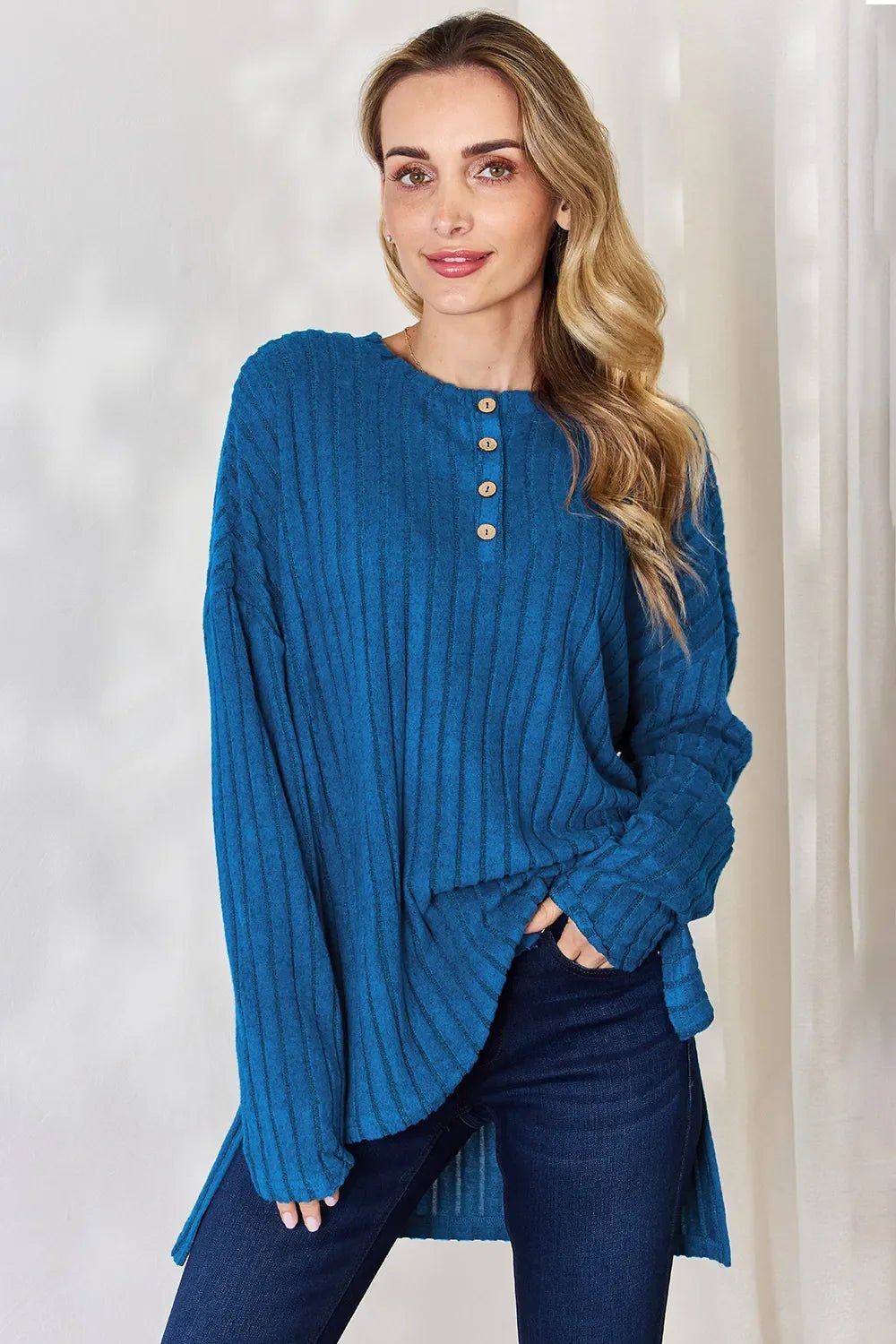 Basic Bae Full Size Ribbed Half Button Long Sleeve High-Low T-Shirt - The Coin Has A Say