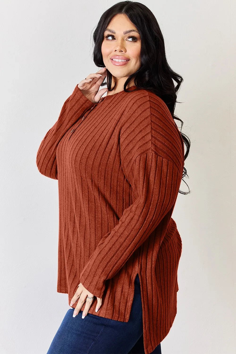 Basic Bae Full Size Ribbed Half Button Long Sleeve High-Low T-Shirt - The Coin Has A Say