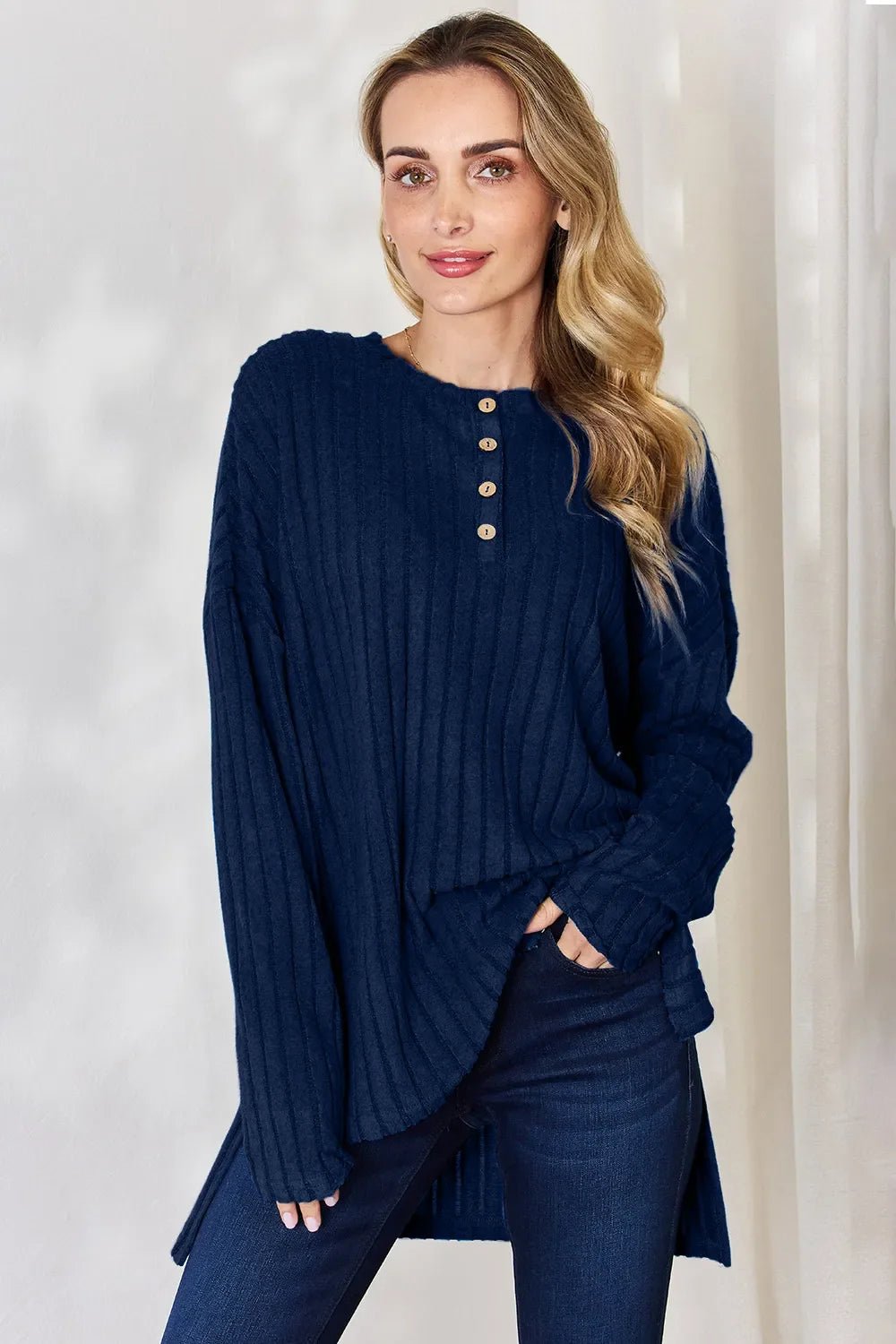 Basic Bae Full Size Ribbed Half Button Long Sleeve High-Low T-Shirt - The Coin Has A Say