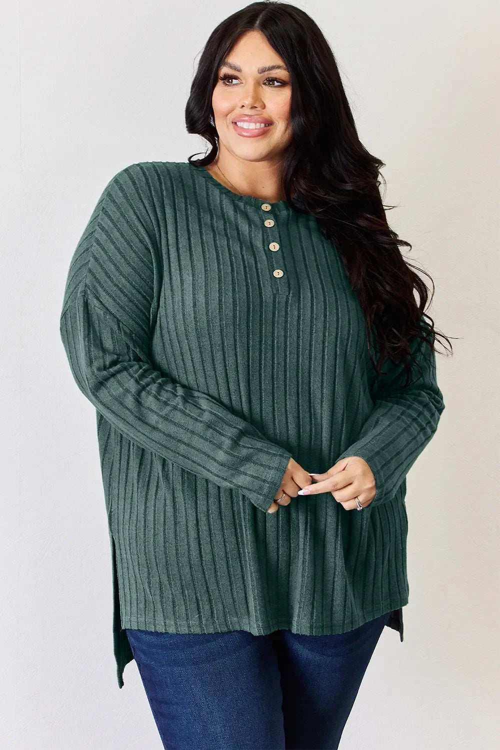 Basic Bae Full Size Ribbed Half Button Long Sleeve High-Low T-Shirt - The Coin Has A Say