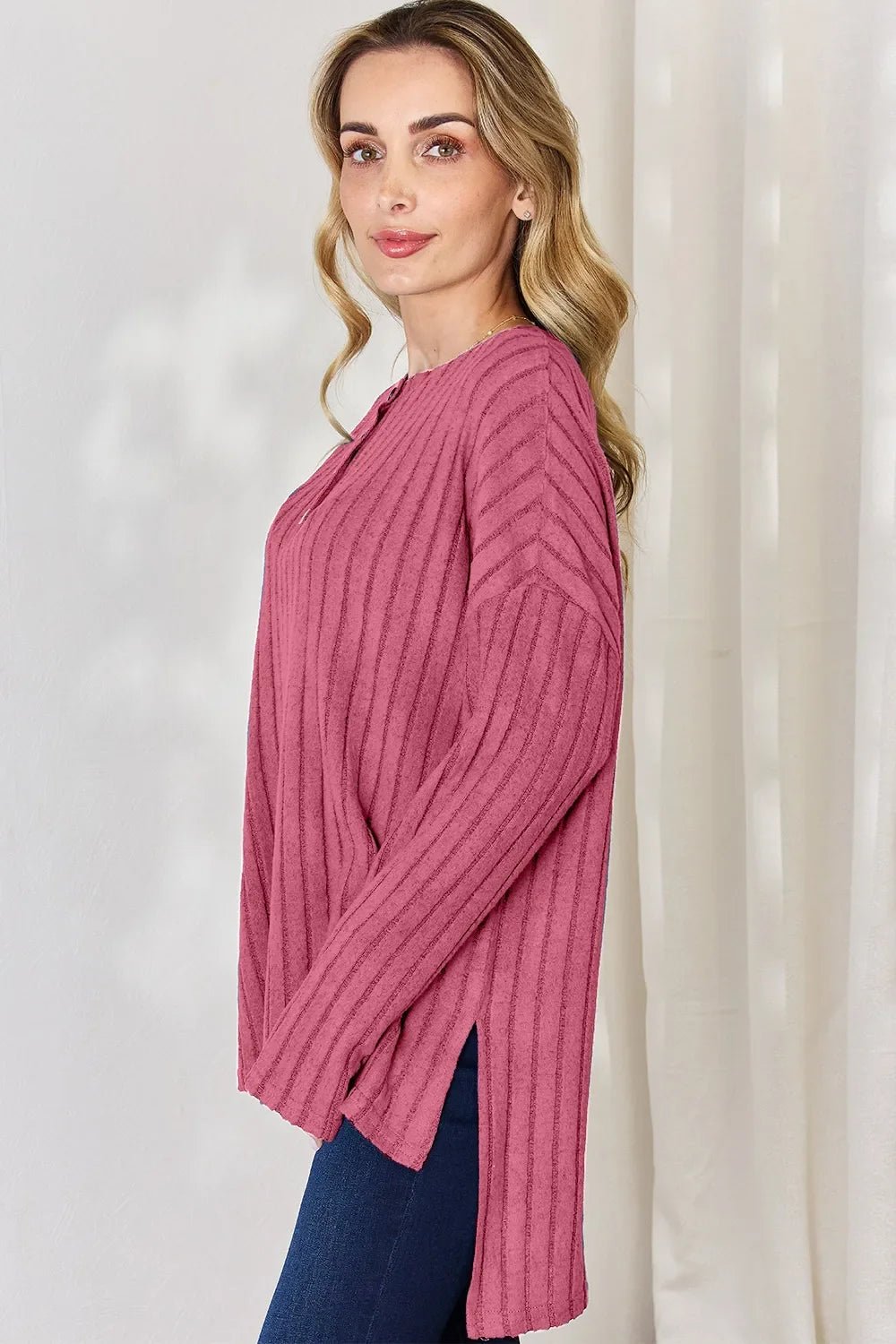Basic Bae Full Size Ribbed Half Button Long Sleeve High-Low T-Shirt - The Coin Has A Say