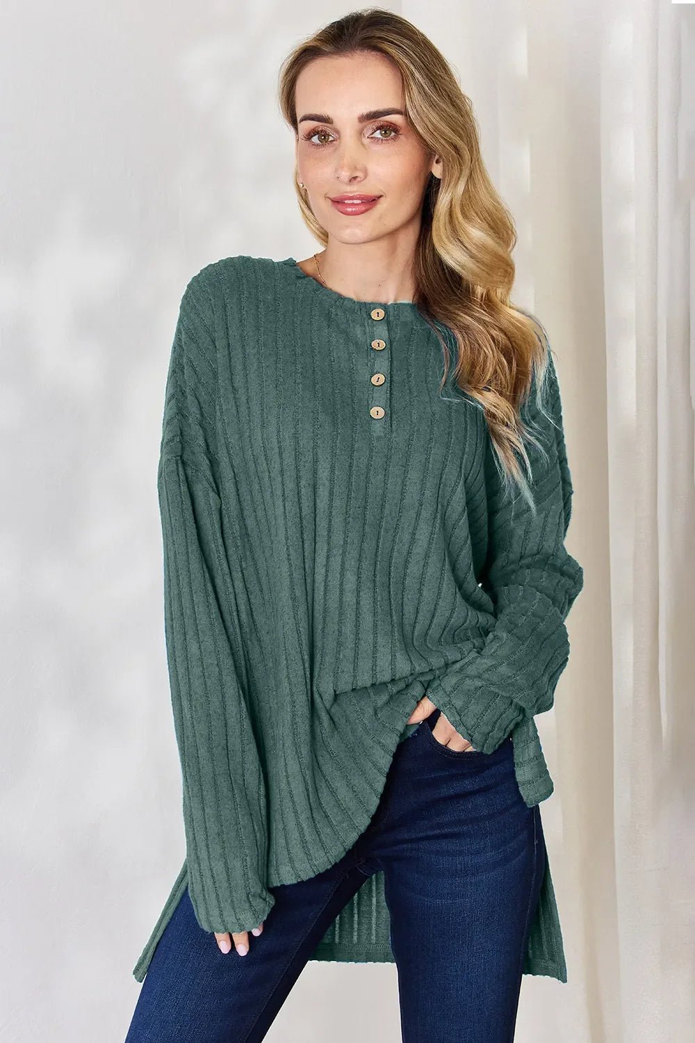 Basic Bae Full Size Ribbed Half Button Long Sleeve High-Low T-Shirt - The Coin Has A Say