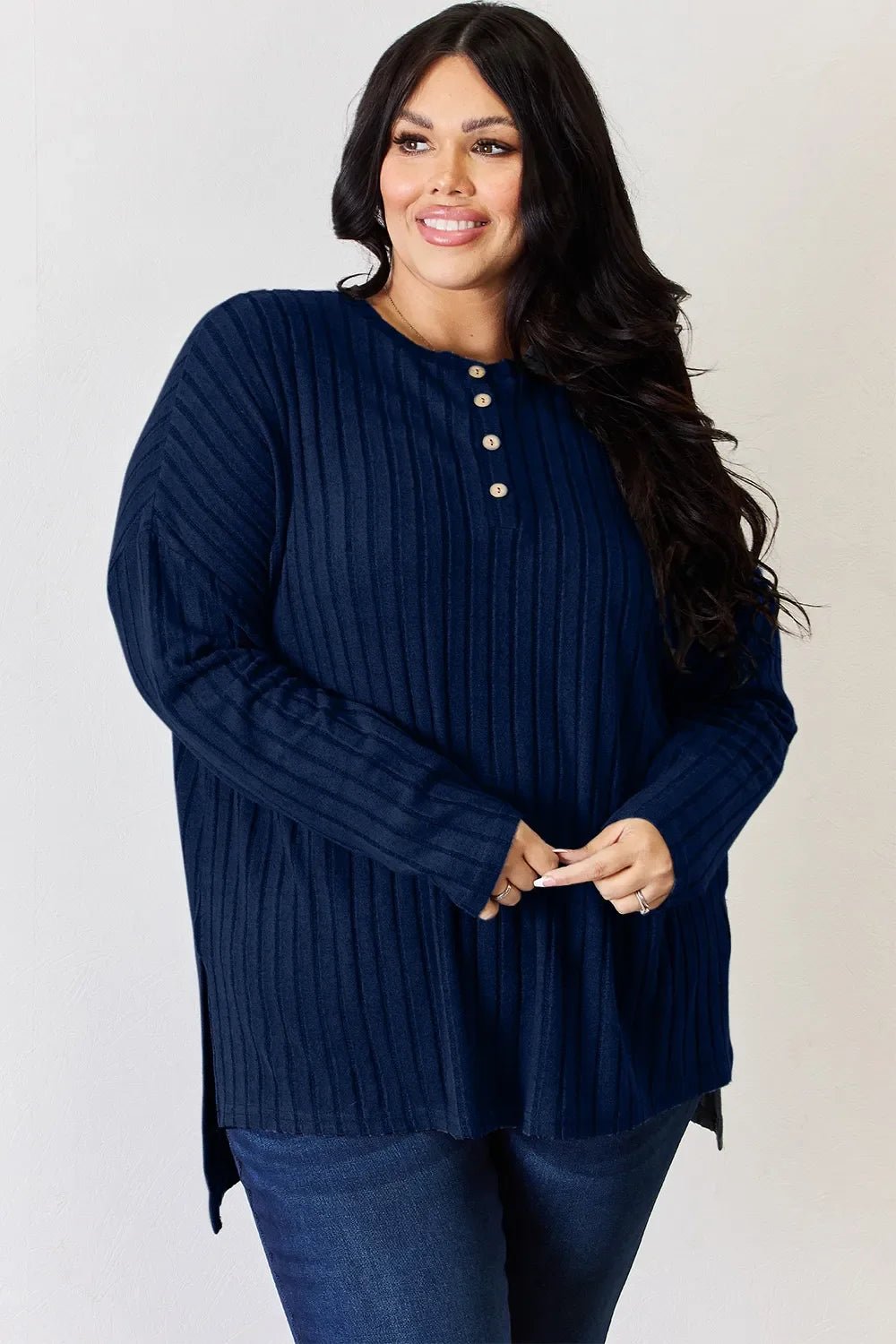 Basic Bae Full Size Ribbed Half Button Long Sleeve High-Low T-Shirt - The Coin Has A Say