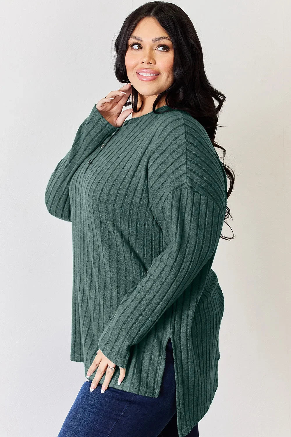Basic Bae Full Size Ribbed Half Button Long Sleeve High-Low T-Shirt - The Coin Has A Say