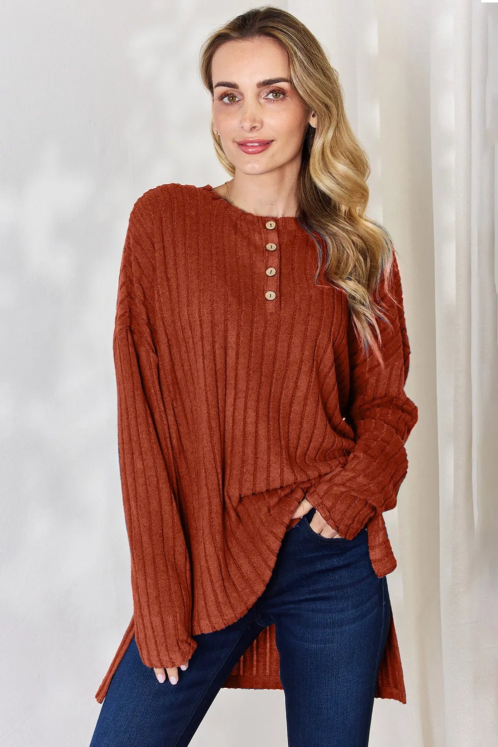 Basic Bae Full Size Ribbed Half Button Long Sleeve High-Low T-Shirt - The Coin Has A Say
