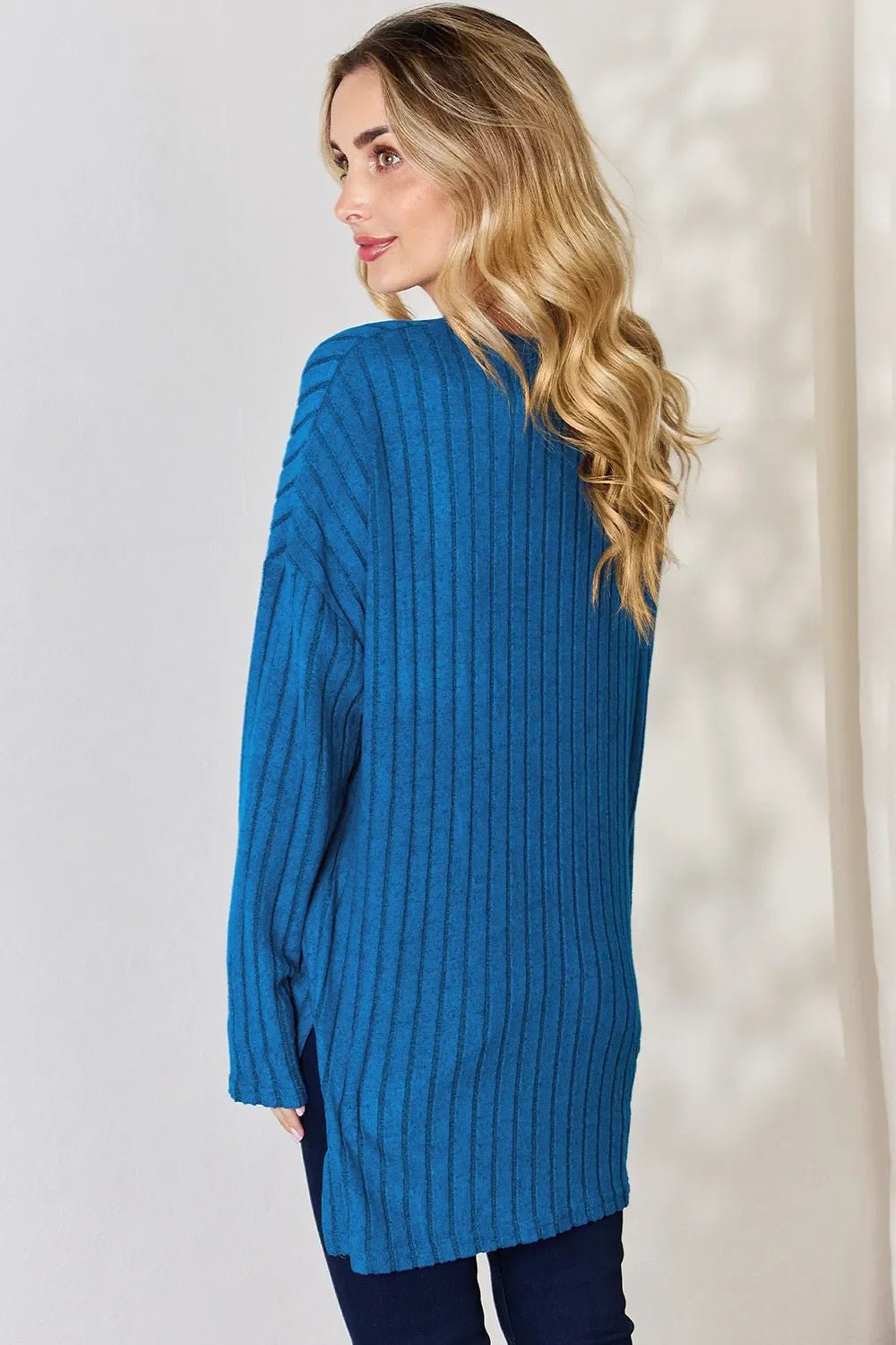 Basic Bae Full Size Ribbed Half Button Long Sleeve High-Low T-Shirt - The Coin Has A Say