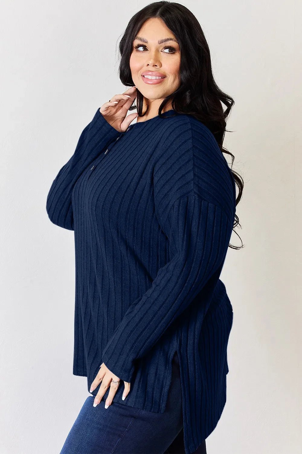Basic Bae Full Size Ribbed Half Button Long Sleeve High-Low T-Shirt - The Coin Has A Say