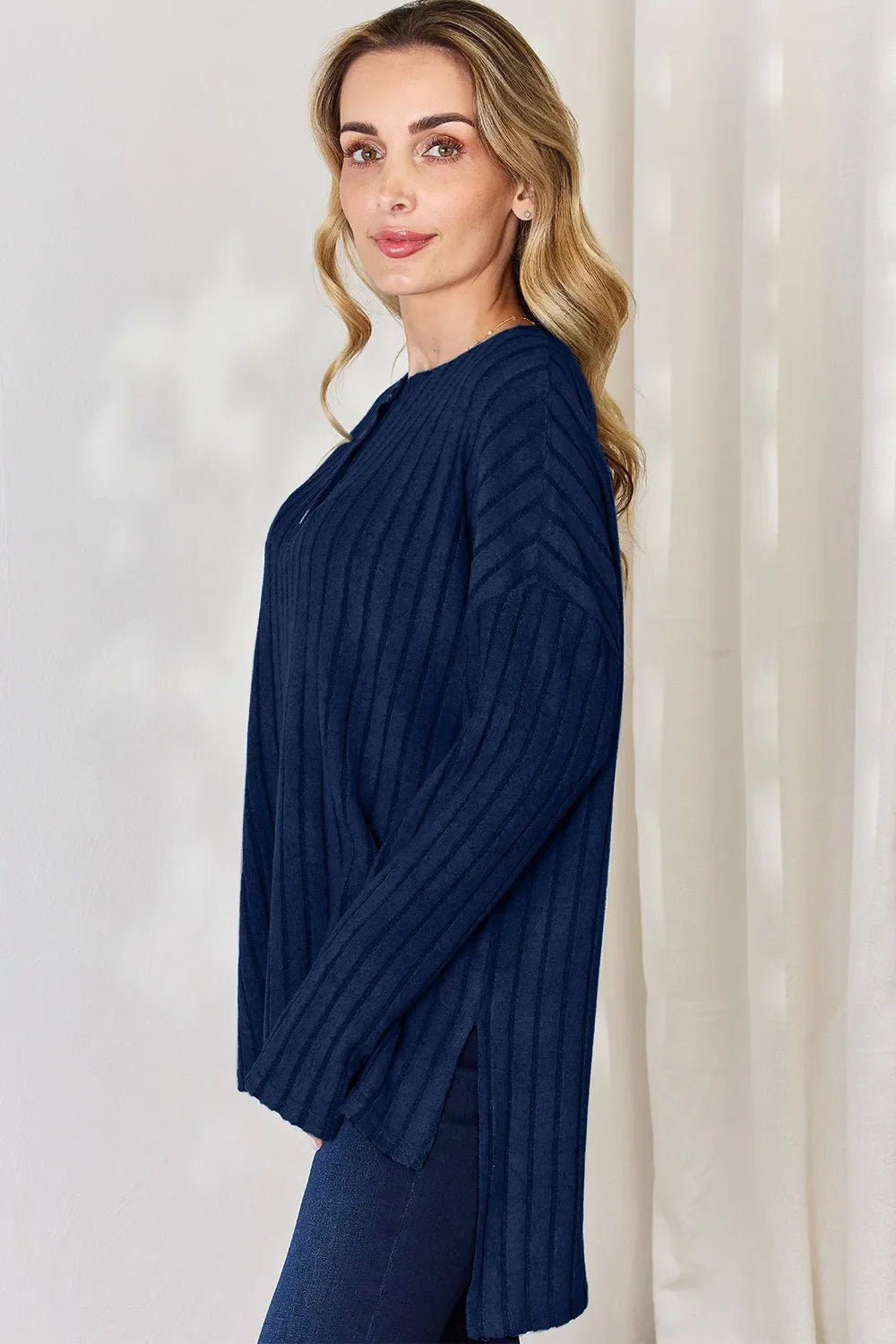 Basic Bae Full Size Ribbed Half Button Long Sleeve High-Low T-Shirt - The Coin Has A Say