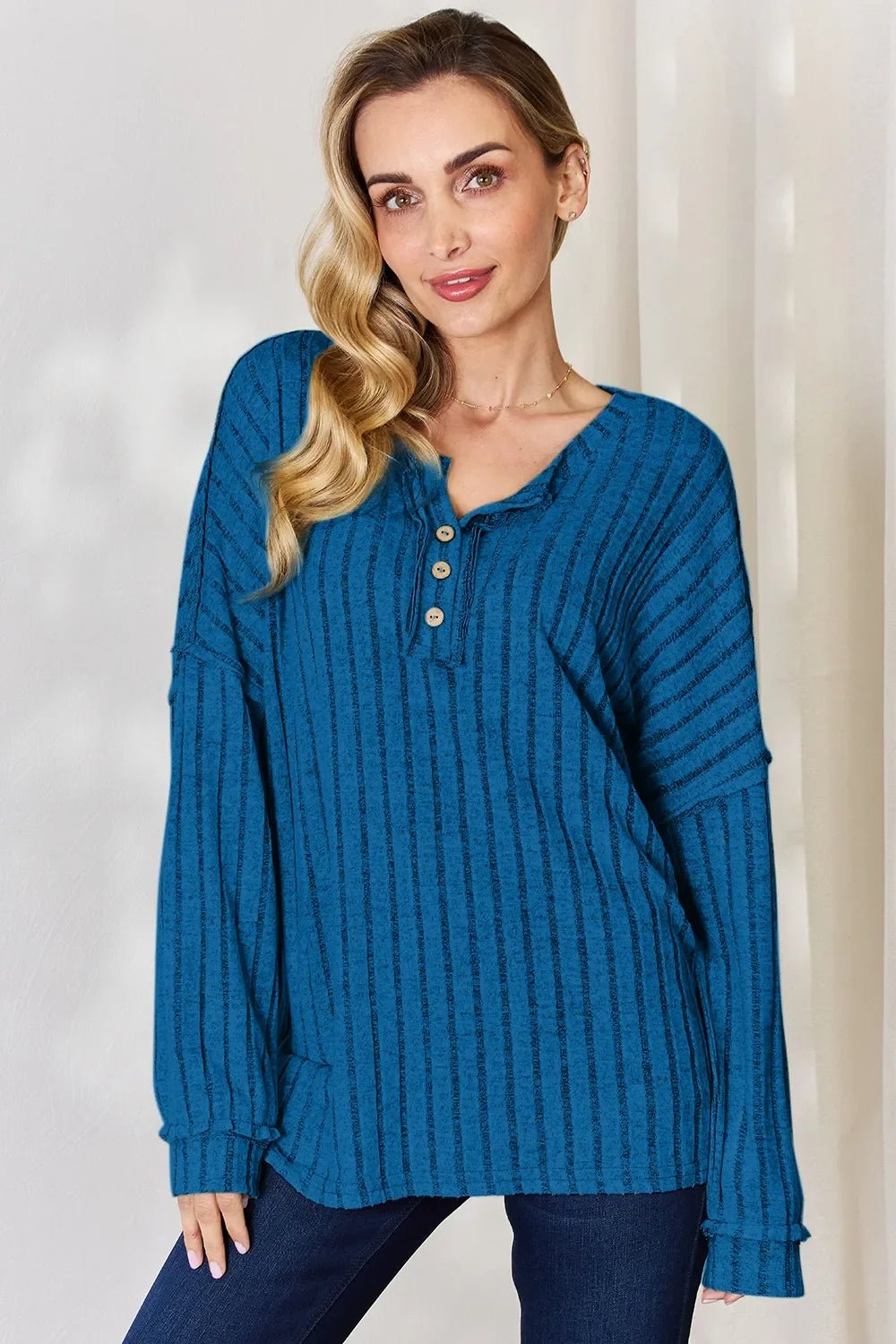 Basic Bae Full Size Ribbed Half Button Long Sleeve T-Shirt - The Coin Has A Say