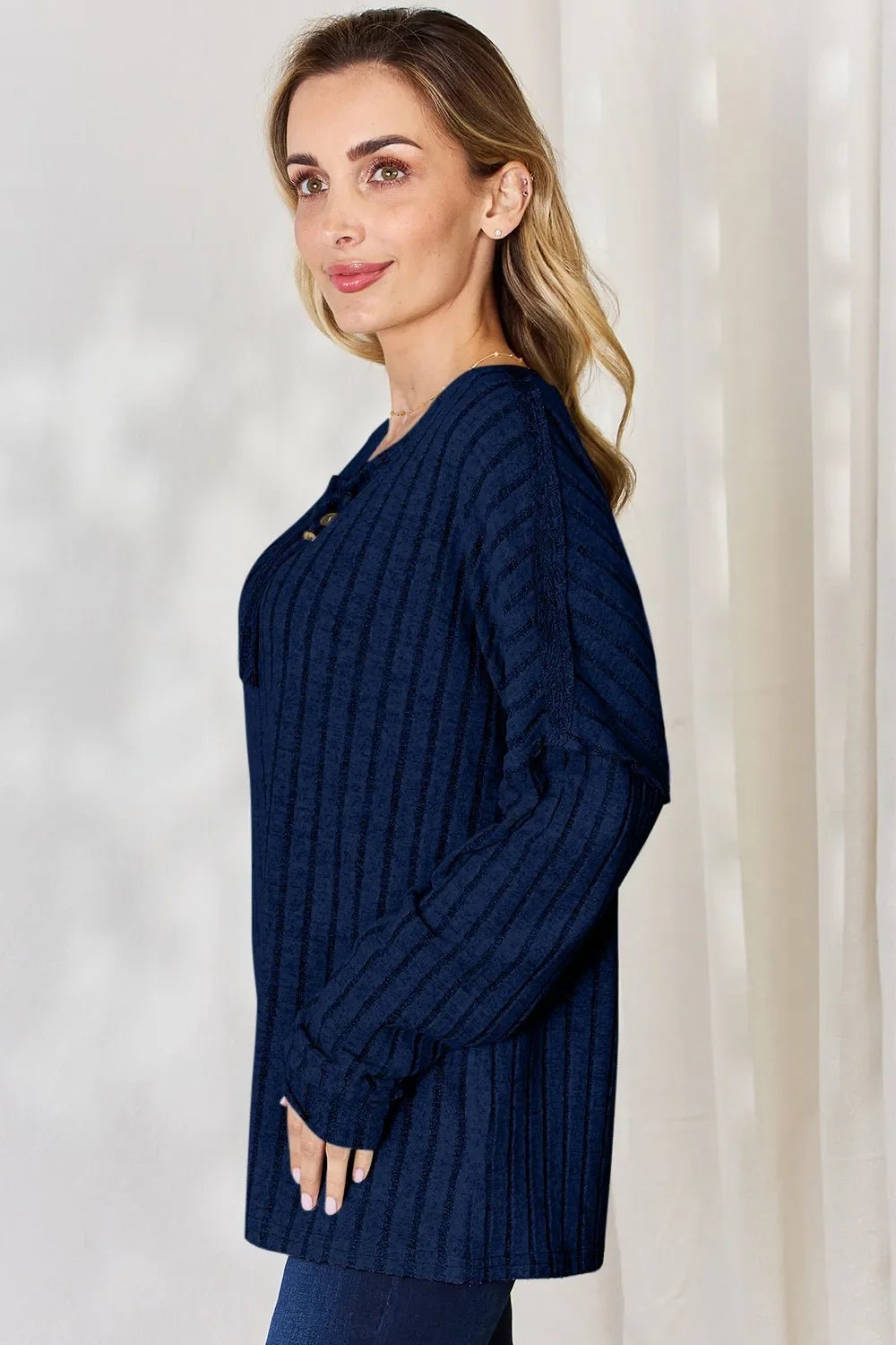 Basic Bae Full Size Ribbed Half Button Long Sleeve T-Shirt - The Coin Has A Say