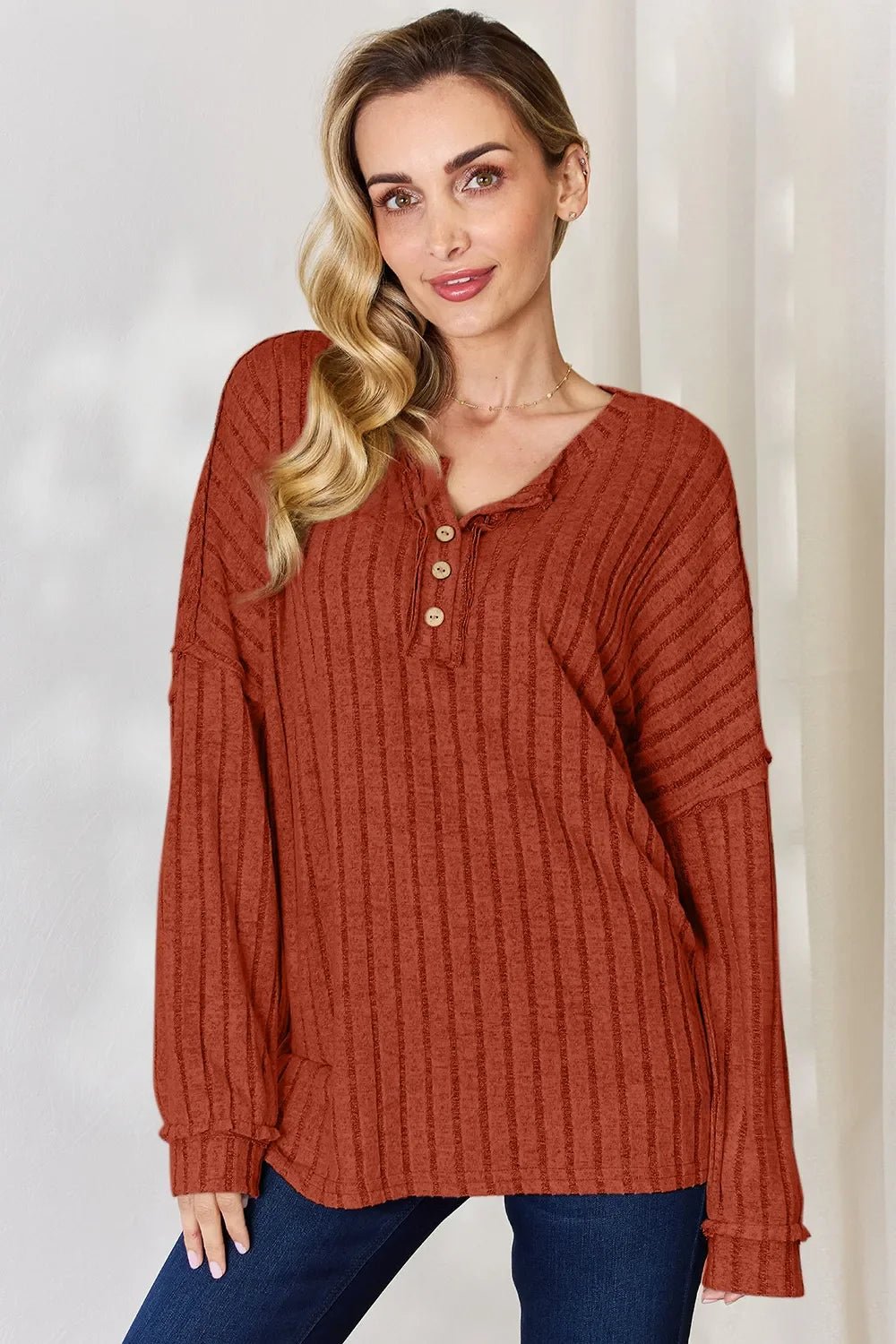 Basic Bae Full Size Ribbed Half Button Long Sleeve T-Shirt - The Coin Has A Say