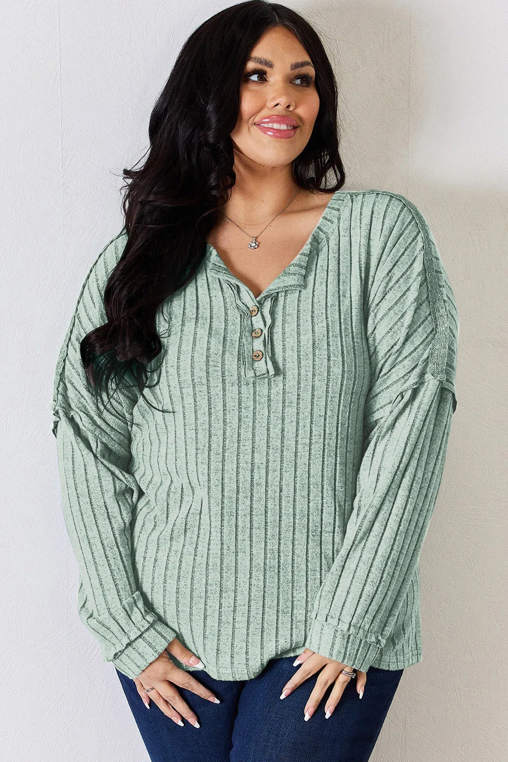 Basic Bae Full Size Ribbed Half Button Long Sleeve T-Shirt - The Coin Has A Say