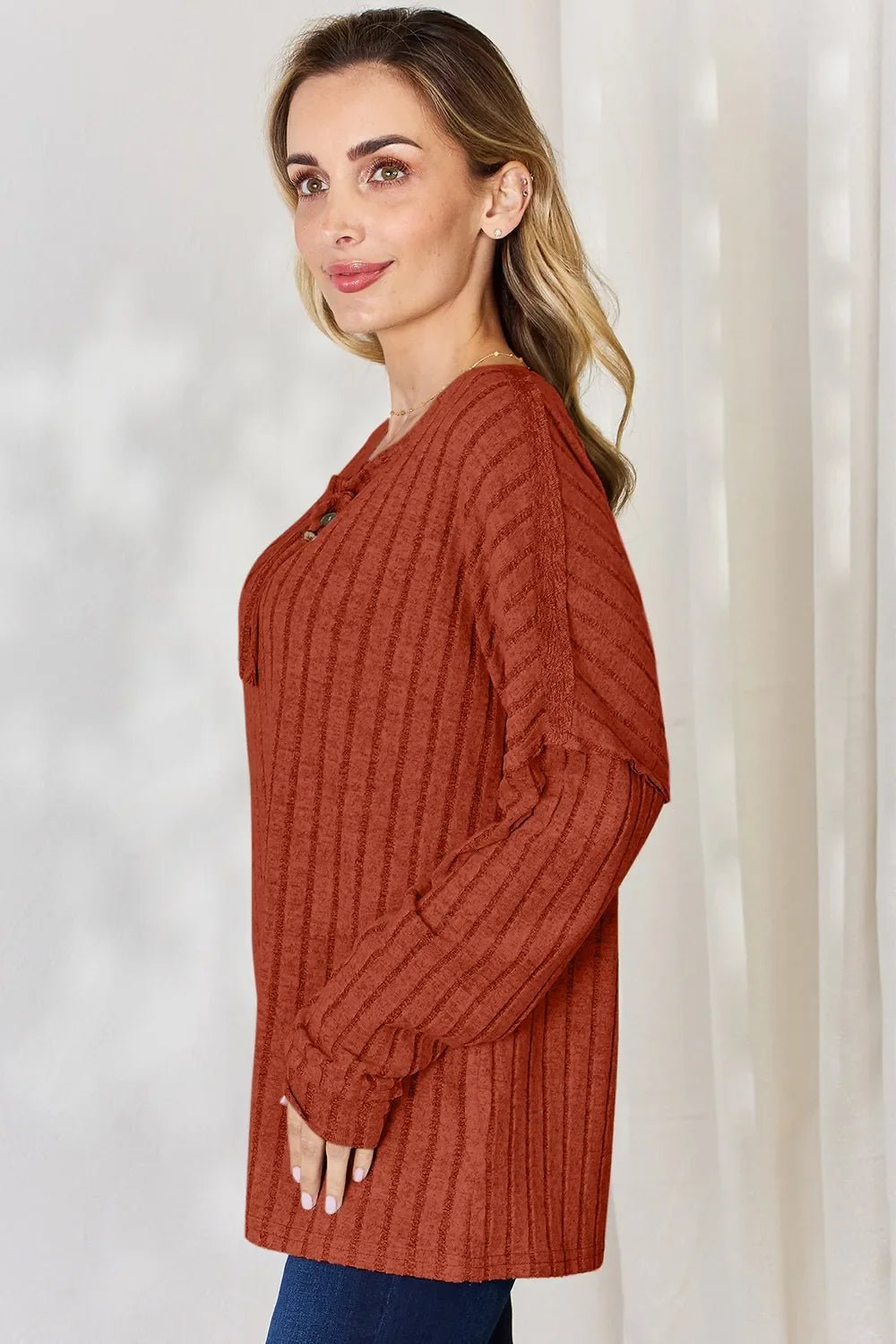 Basic Bae Full Size Ribbed Half Button Long Sleeve T-Shirt - The Coin Has A Say