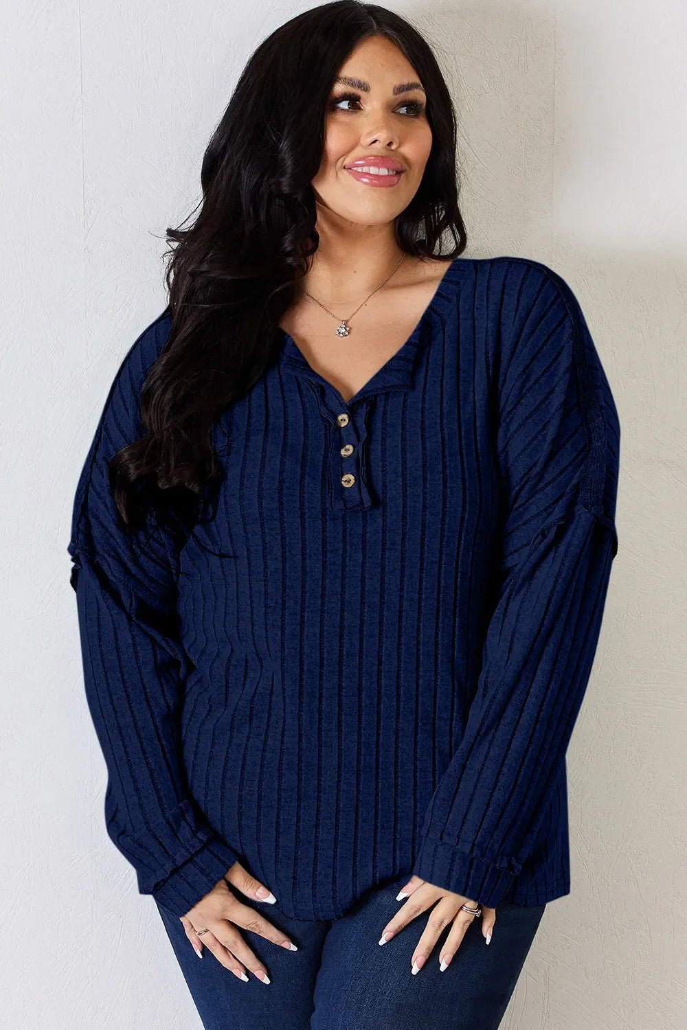 Basic Bae Full Size Ribbed Half Button Long Sleeve T-Shirt - The Coin Has A Say