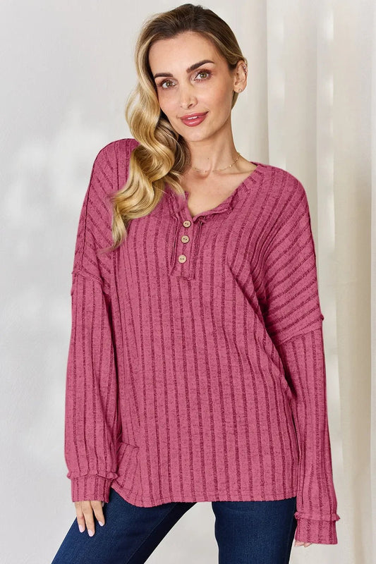 Basic Bae Full Size Ribbed Half Button Long Sleeve T-Shirt - The Coin Has A Say