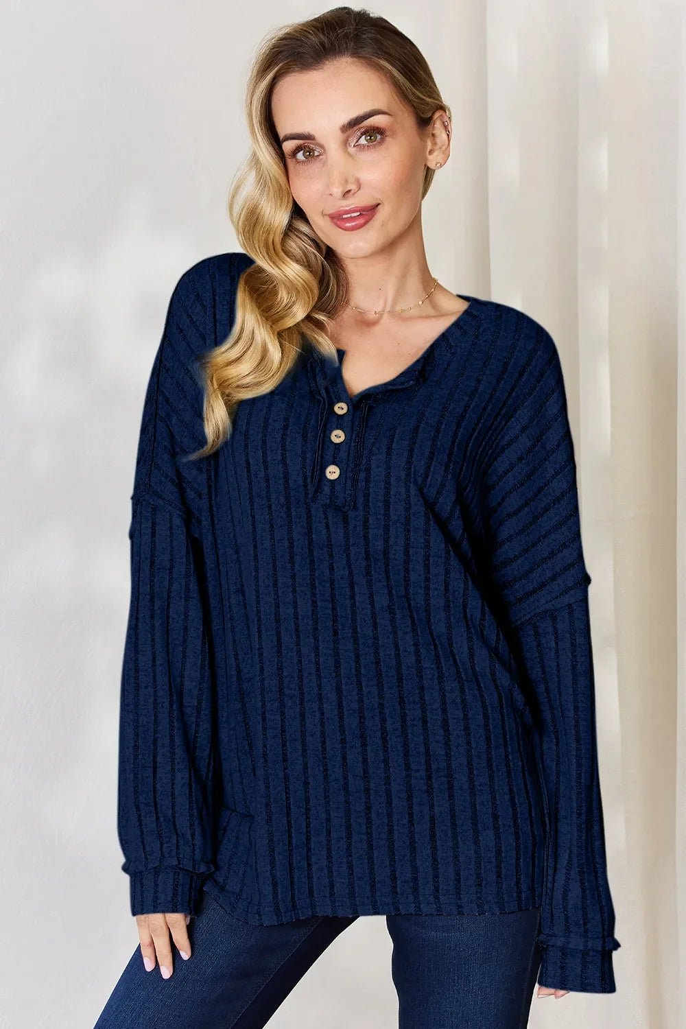 Basic Bae Full Size Ribbed Half Button Long Sleeve T-Shirt - The Coin Has A Say