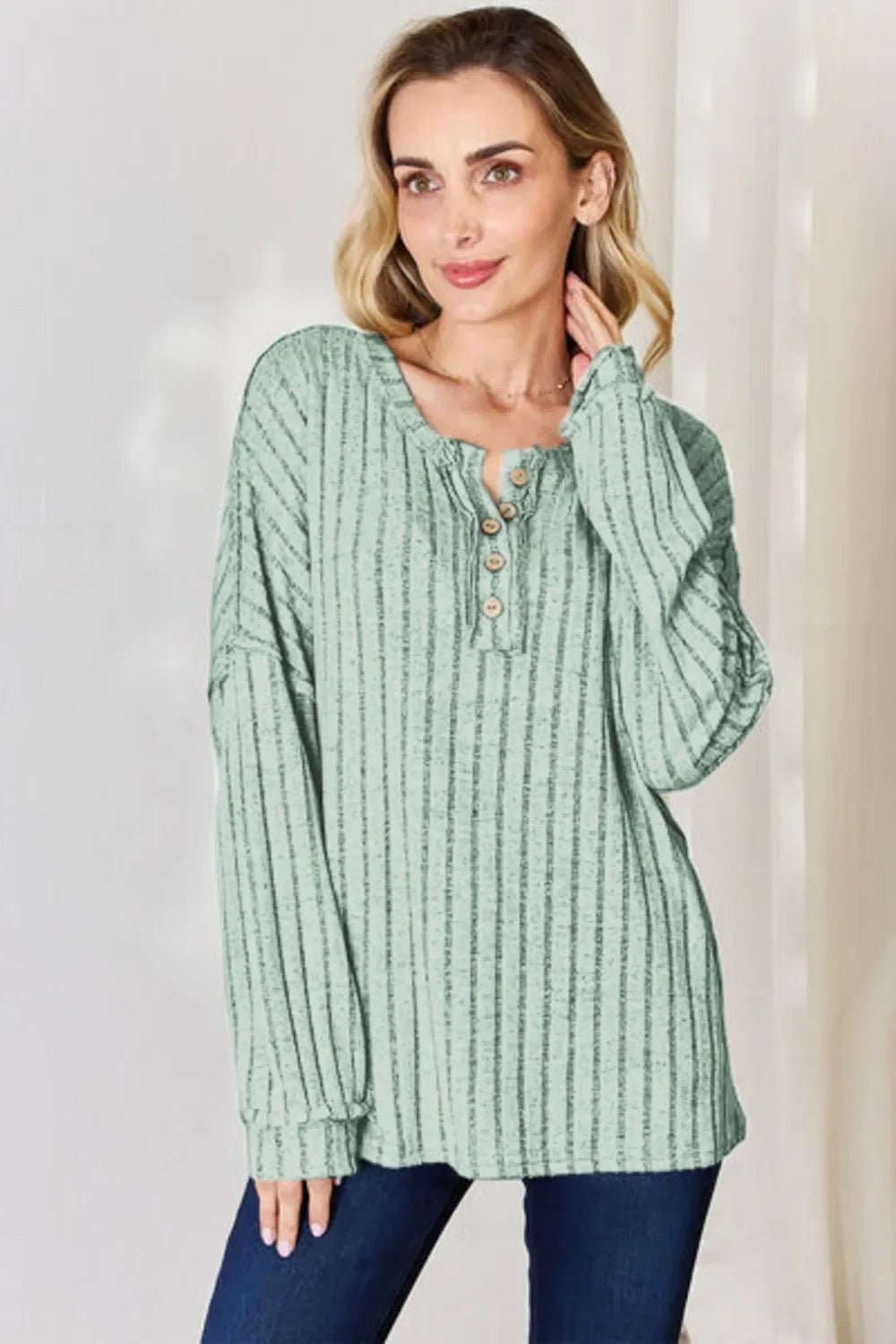 Basic Bae Full Size Ribbed Half Button Long Sleeve T-Shirt - The Coin Has A Say