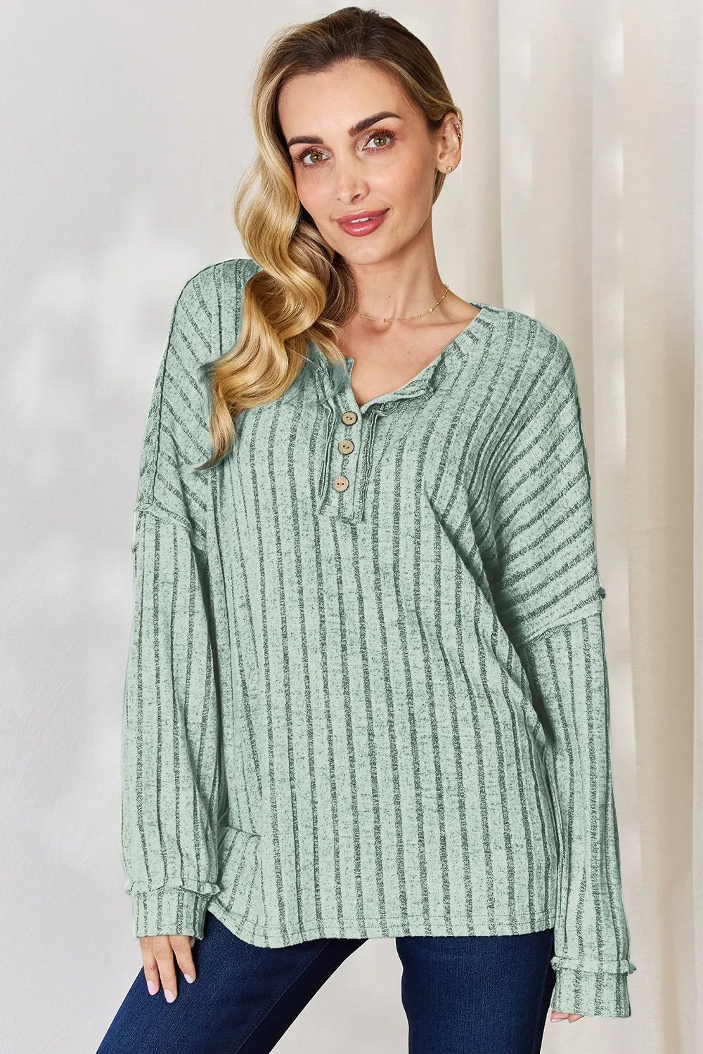 Basic Bae Full Size Ribbed Half Button Long Sleeve T-Shirt - The Coin Has A Say