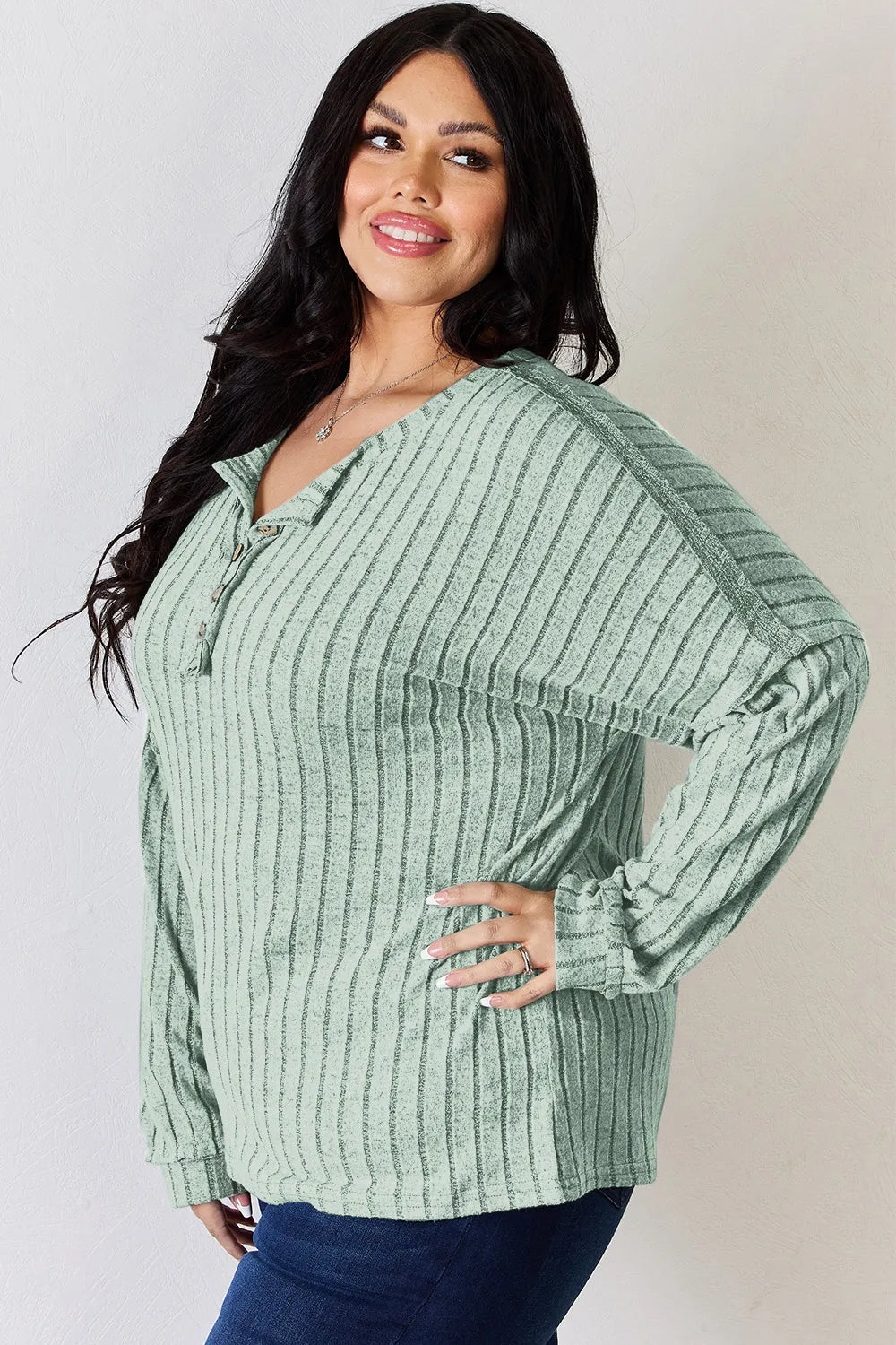Basic Bae Full Size Ribbed Half Button Long Sleeve T-Shirt - The Coin Has A Say