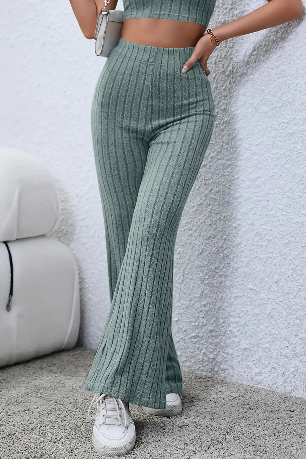 Basic Bae Full Size Ribbed High Waist Flare Pants - The Coin Has A Say