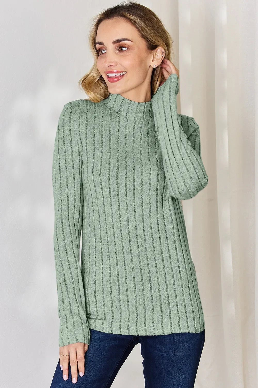 Basic Bae Full Size Ribbed Mock Neck Long Sleeve T-Shirt - The Coin Has A Say