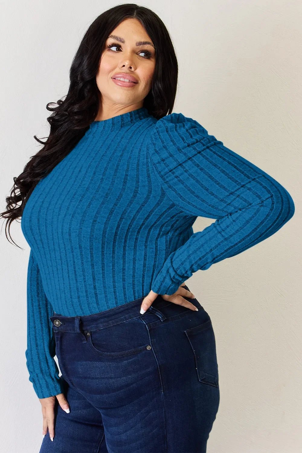 Basic Bae Full Size Ribbed Mock Neck Puff Sleeve T-Shirt - The Coin Has A Say