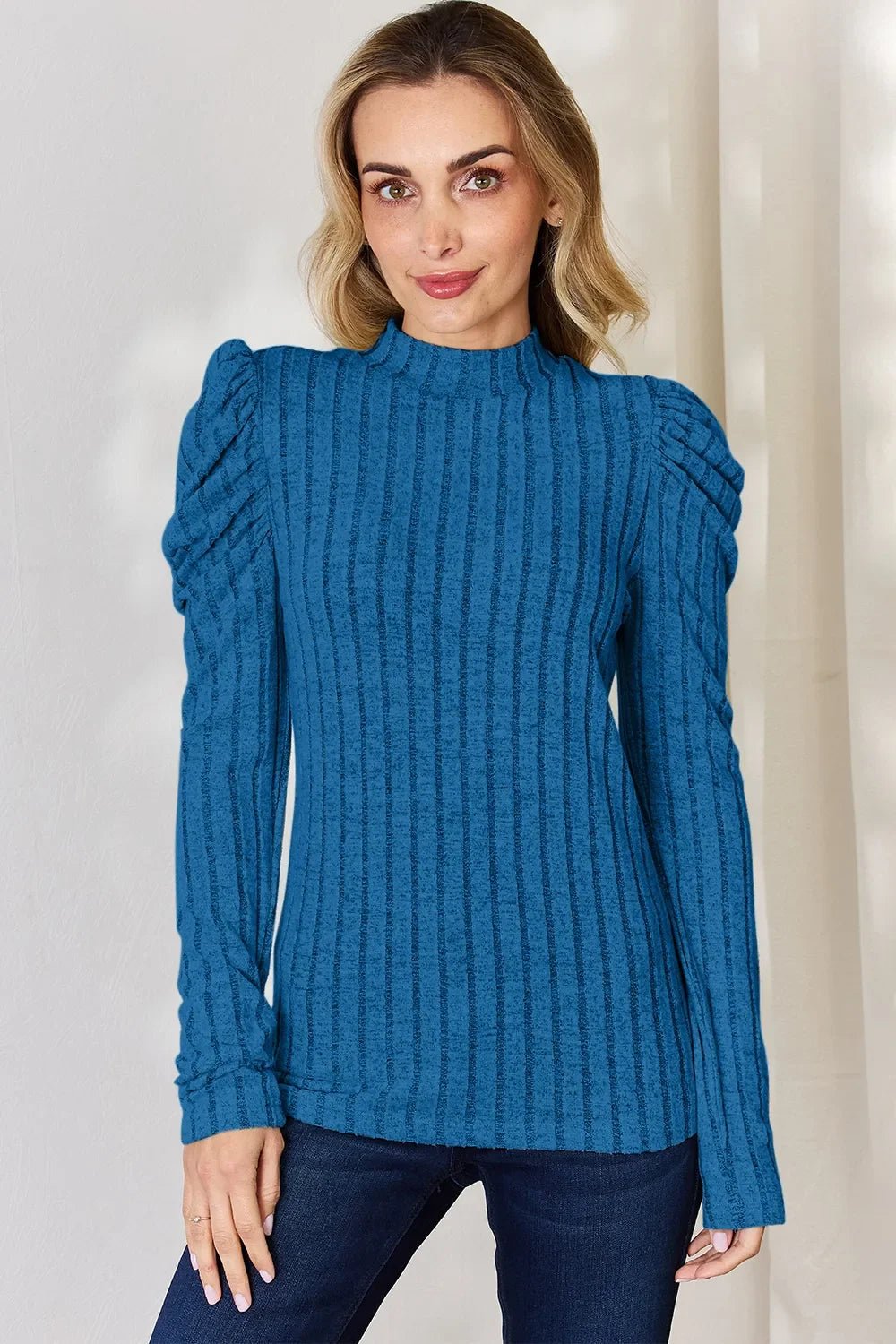 Basic Bae Full Size Ribbed Mock Neck Puff Sleeve T-Shirt - The Coin Has A Say