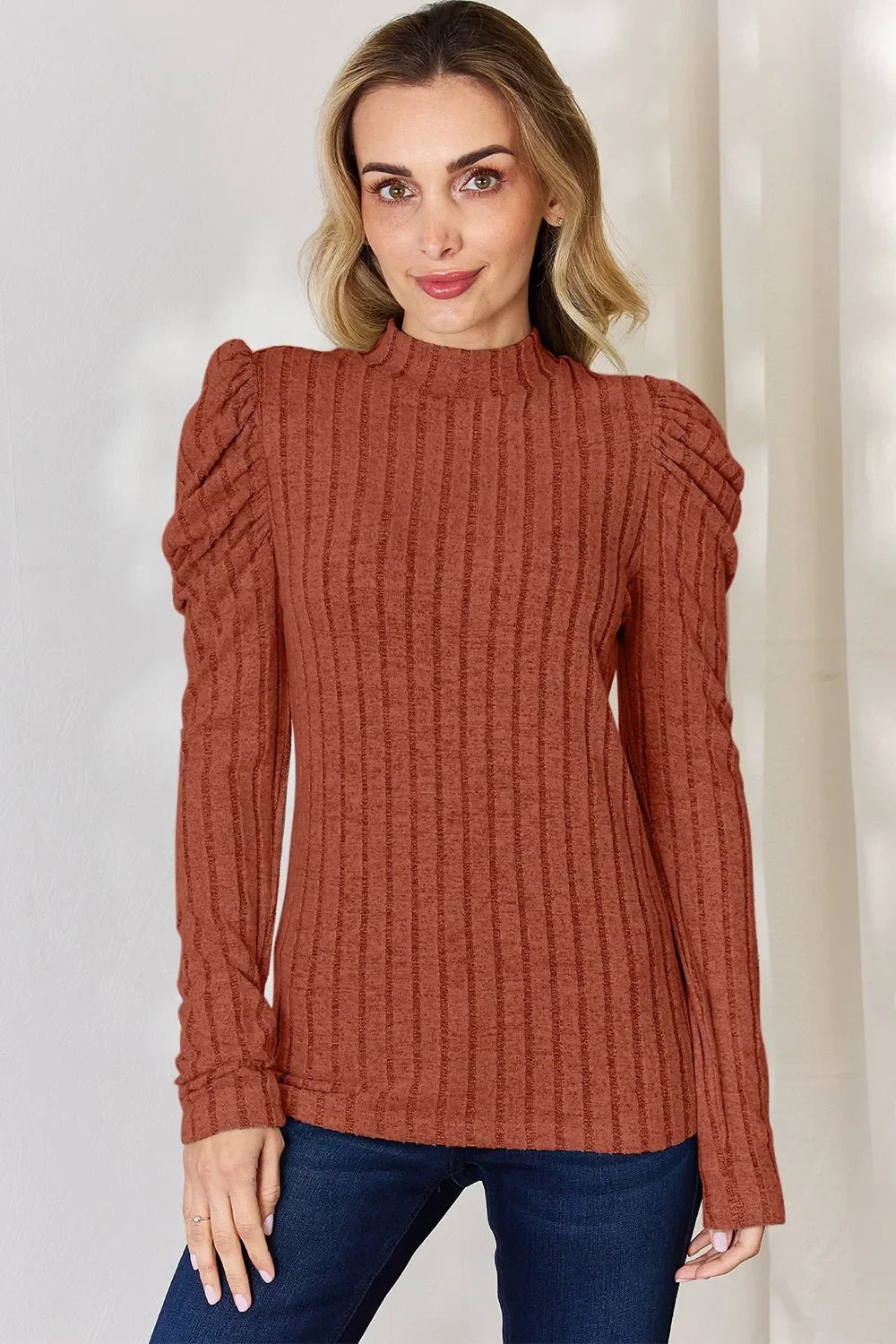 Basic Bae Full Size Ribbed Mock Neck Puff Sleeve T-Shirt - The Coin Has A Say