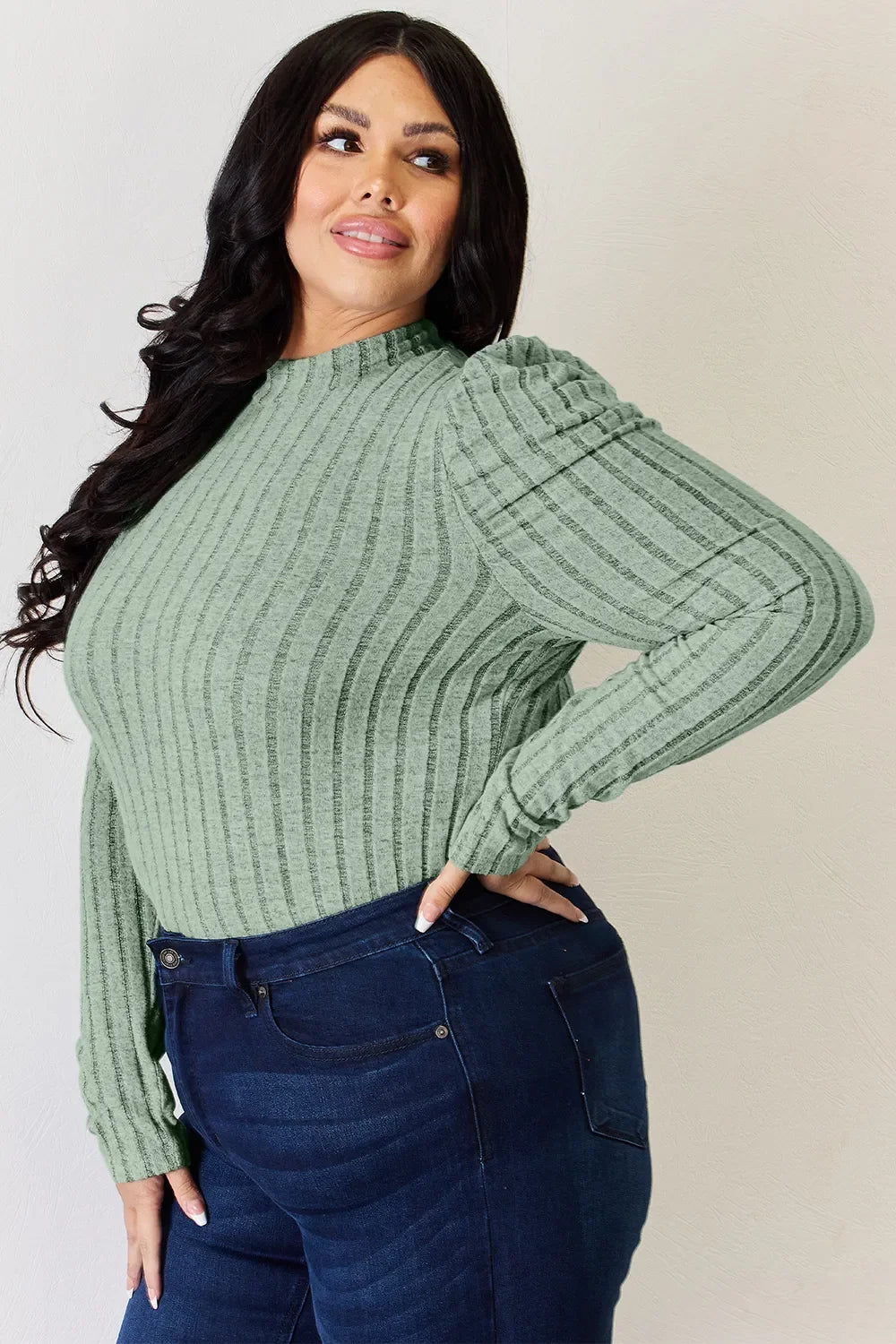 Basic Bae Full Size Ribbed Mock Neck Puff Sleeve T-Shirt - The Coin Has A Say