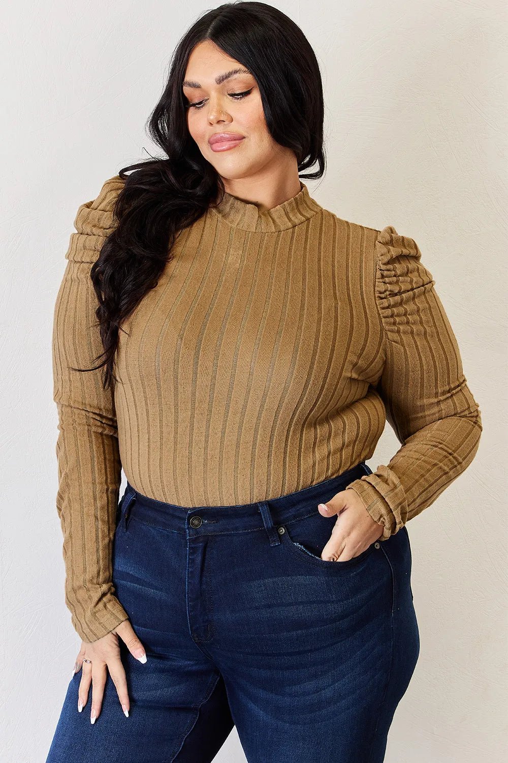 Basic Bae Full Size Ribbed Mock Neck Puff Sleeve T-Shirt - The Coin Has A Say