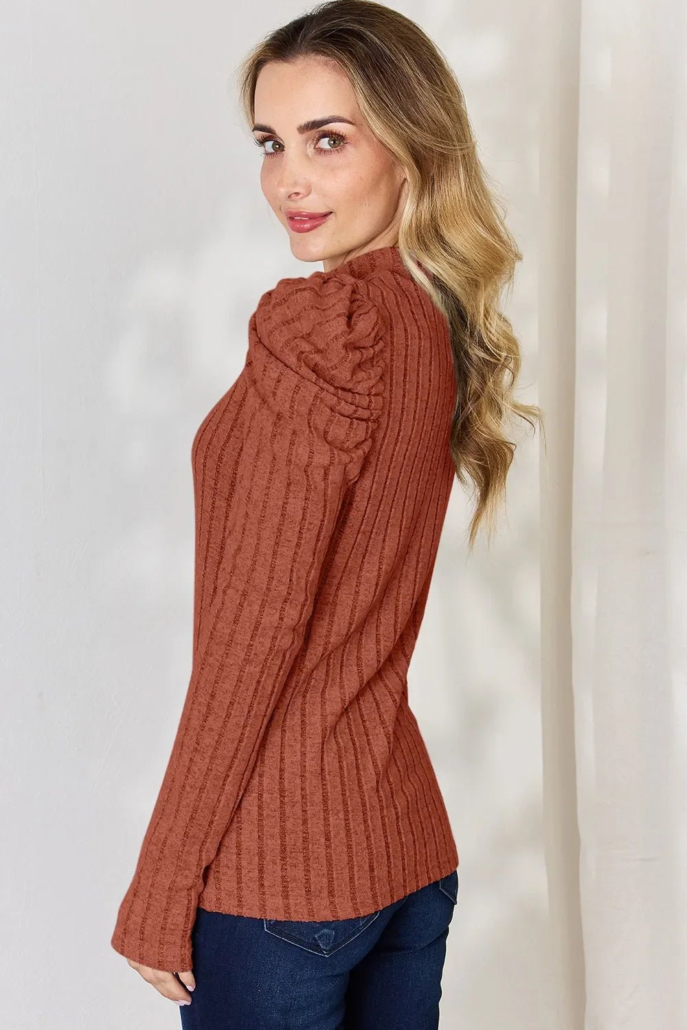 Basic Bae Full Size Ribbed Mock Neck Puff Sleeve T-Shirt - The Coin Has A Say