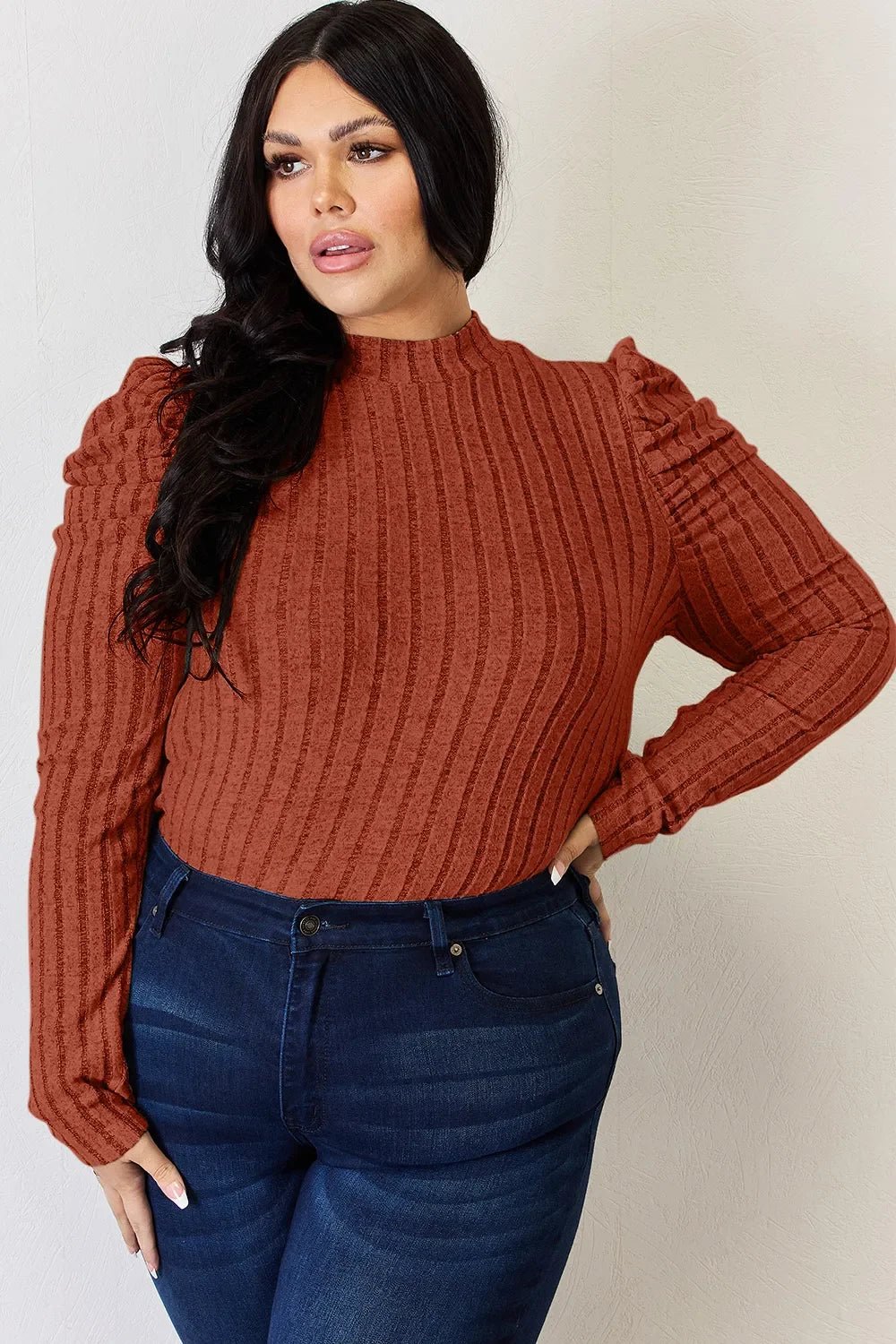 Basic Bae Full Size Ribbed Mock Neck Puff Sleeve T-Shirt - The Coin Has A Say