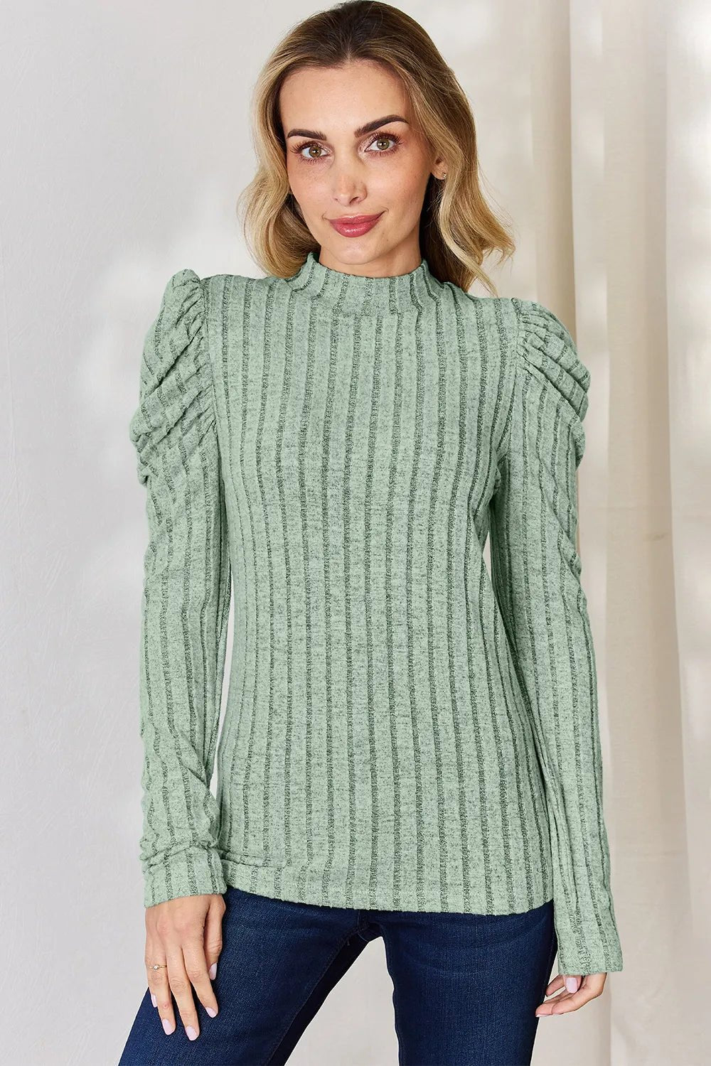 Basic Bae Full Size Ribbed Mock Neck Puff Sleeve T-Shirt - The Coin Has A Say