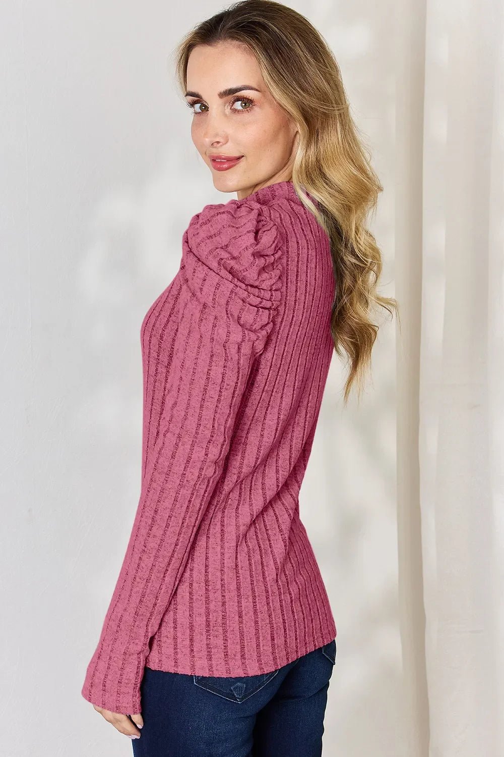 Basic Bae Full Size Ribbed Mock Neck Puff Sleeve T-Shirt - The Coin Has A Say
