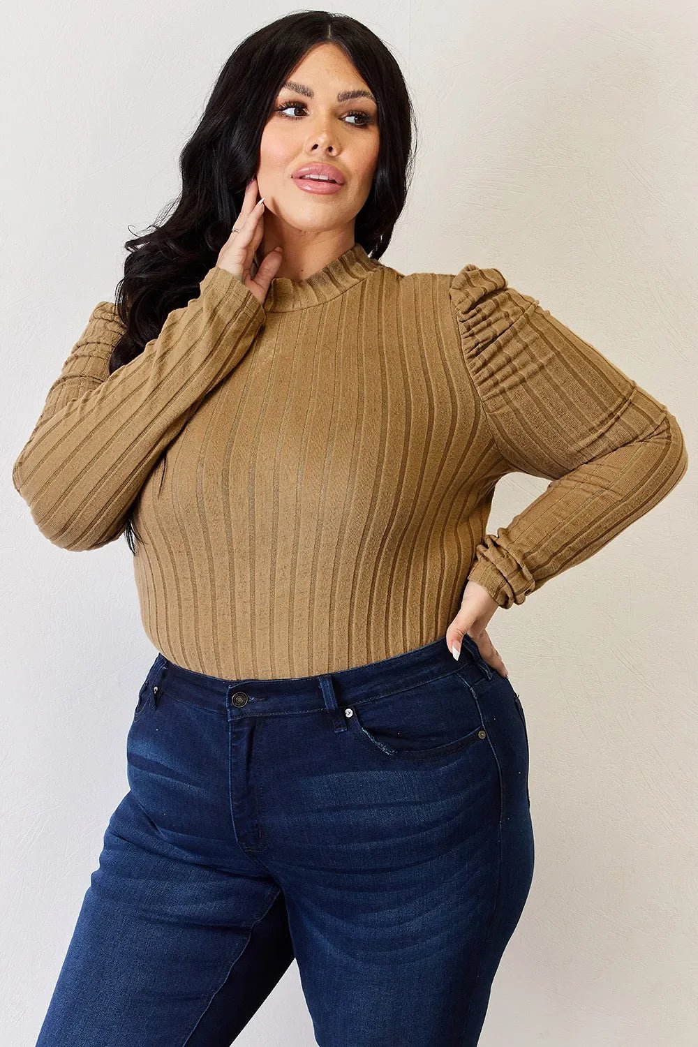 Basic Bae Full Size Ribbed Mock Neck Puff Sleeve T-Shirt - The Coin Has A Say