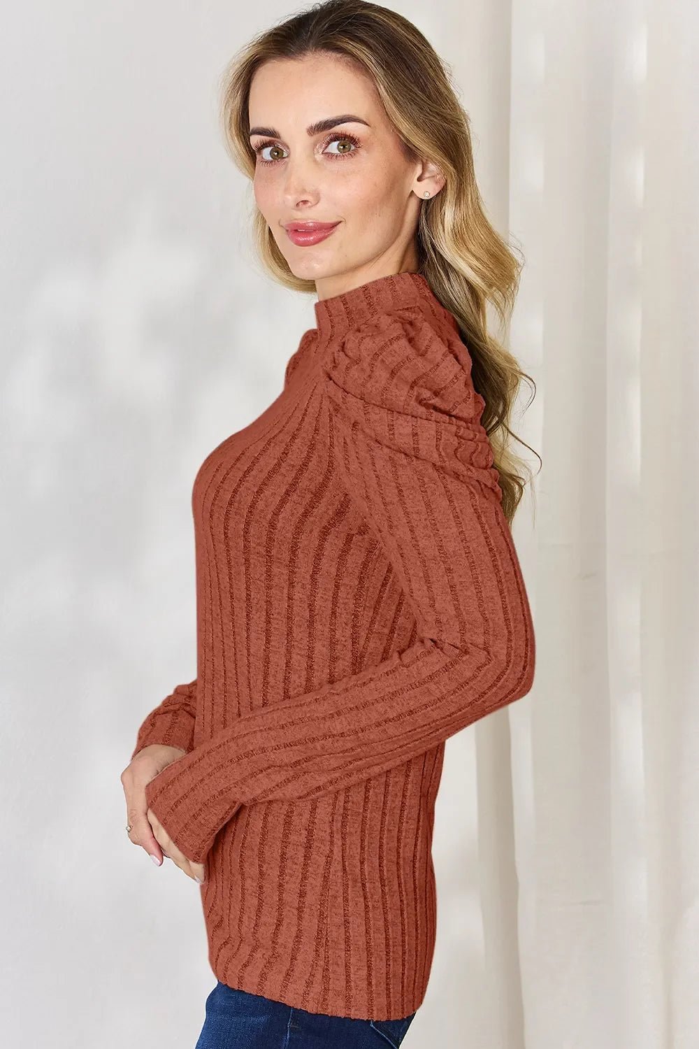 Basic Bae Full Size Ribbed Mock Neck Puff Sleeve T-Shirt - The Coin Has A Say