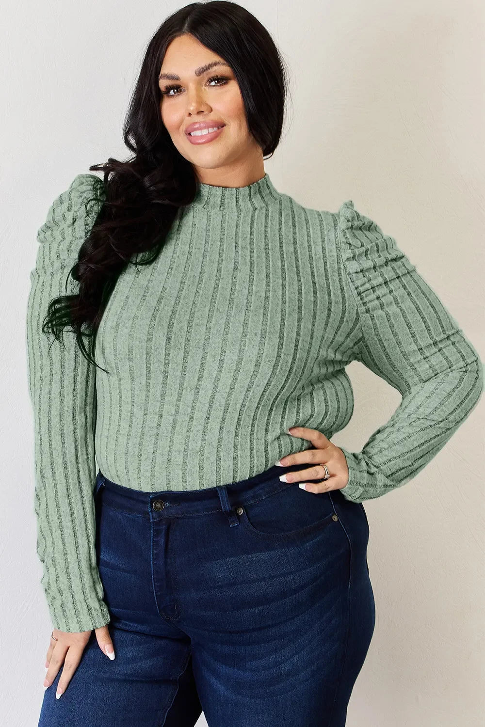 Basic Bae Full Size Ribbed Mock Neck Puff Sleeve T-Shirt - The Coin Has A Say