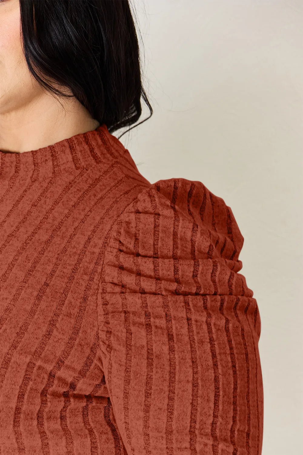 Basic Bae Full Size Ribbed Mock Neck Puff Sleeve T-Shirt - The Coin Has A Say