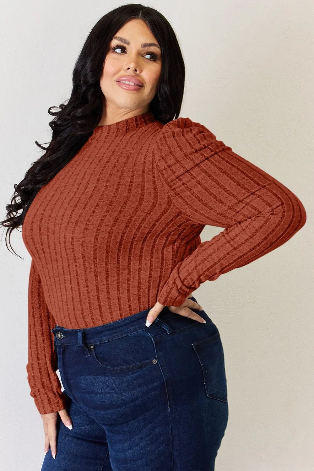 Basic Bae Full Size Ribbed Mock Neck Puff Sleeve T-Shirt - The Coin Has A Say