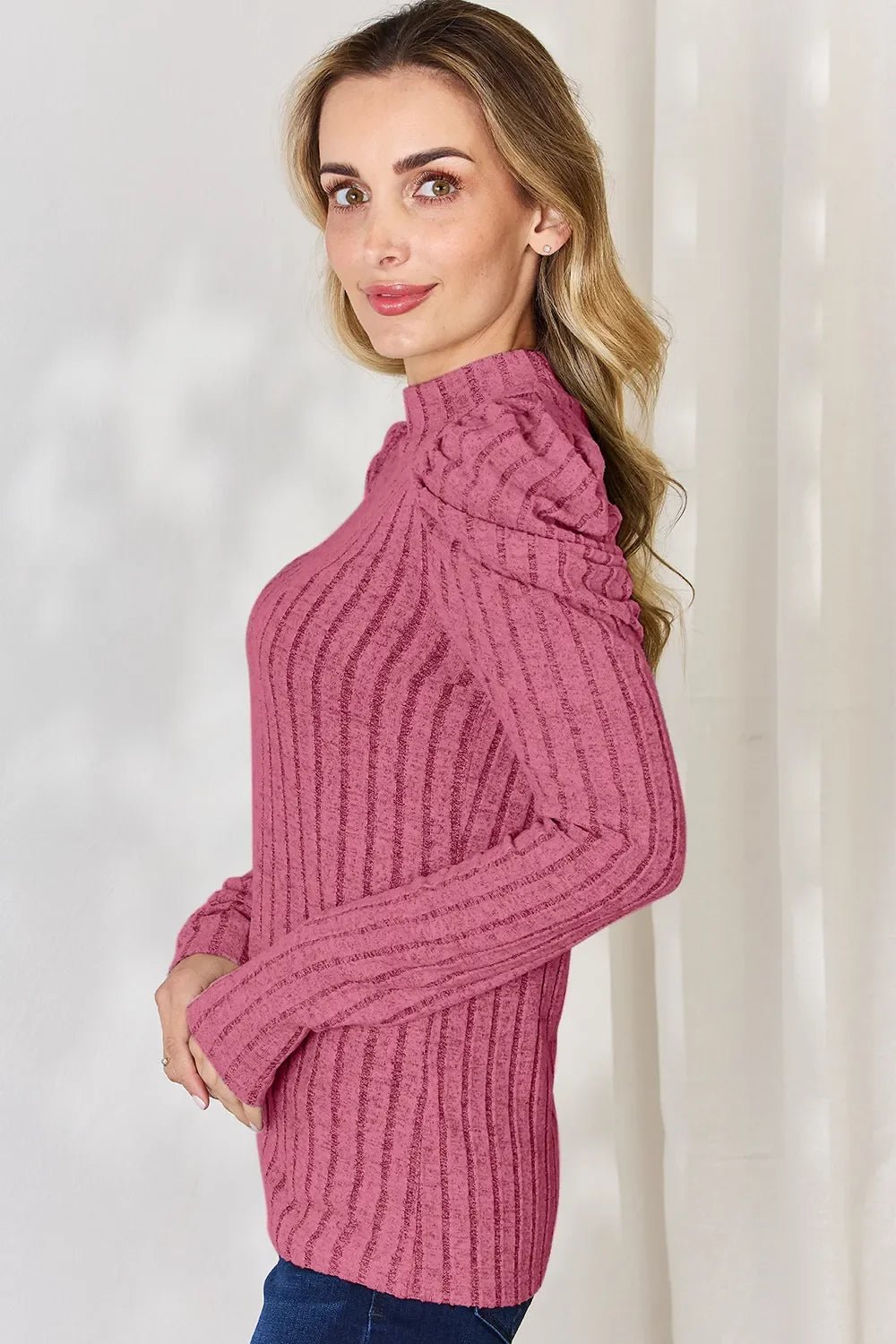 Basic Bae Full Size Ribbed Mock Neck Puff Sleeve T-Shirt - The Coin Has A Say