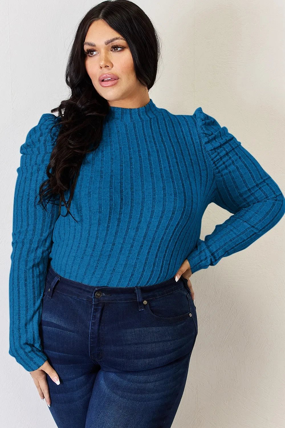 Basic Bae Full Size Ribbed Mock Neck Puff Sleeve T-Shirt - The Coin Has A Say