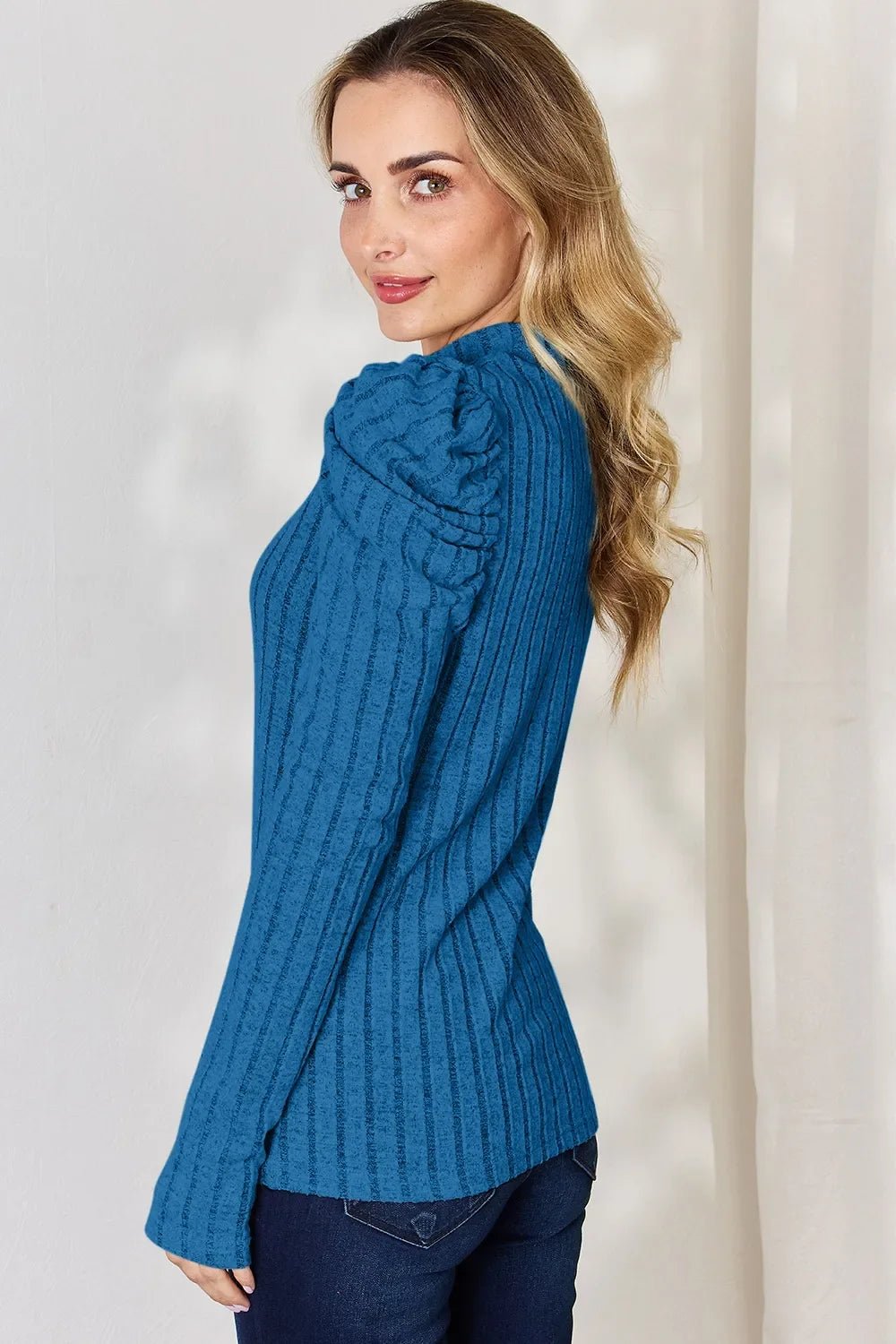 Basic Bae Full Size Ribbed Mock Neck Puff Sleeve T-Shirt - The Coin Has A Say