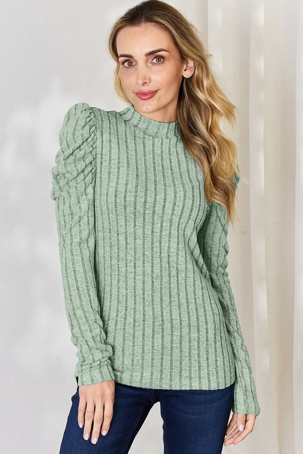 Basic Bae Full Size Ribbed Mock Neck Puff Sleeve T-Shirt - The Coin Has A Say