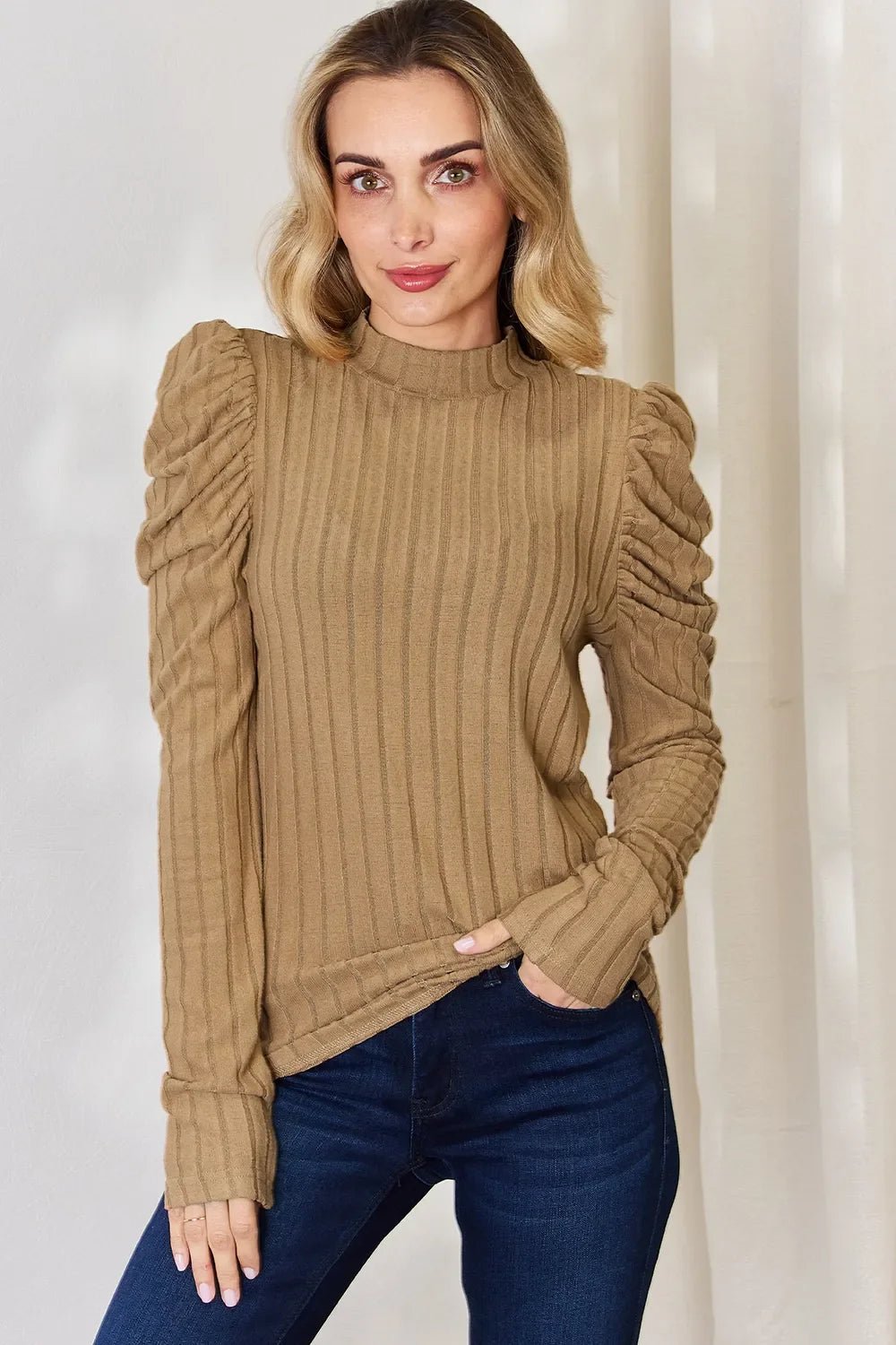 Basic Bae Full Size Ribbed Mock Neck Puff Sleeve T-Shirt - The Coin Has A Say